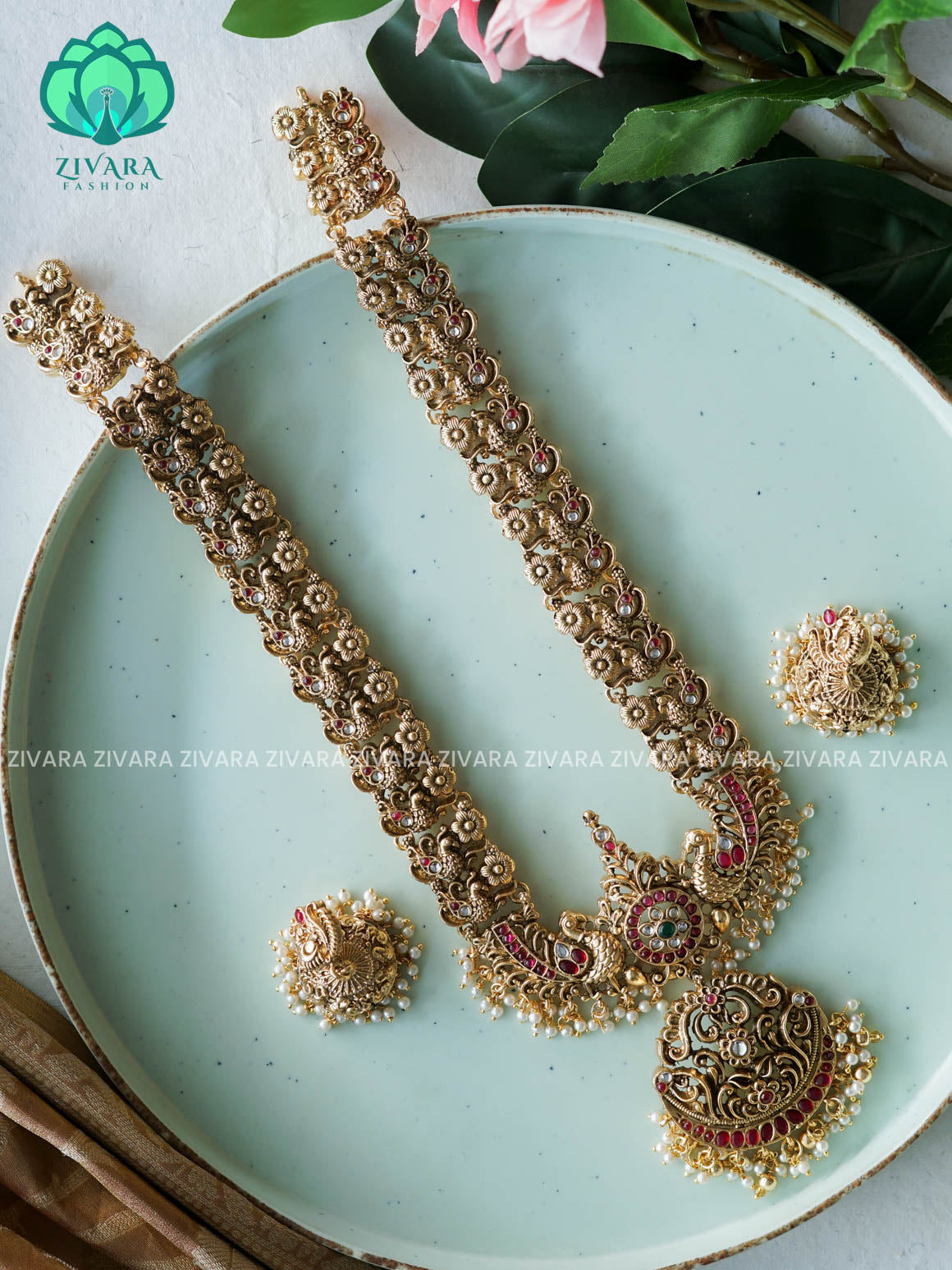 MOTIF FREE HEAVY  Traditional normal MATTE polish MIDCHEST haaram/neckwear with earrings- Zivara Fashion