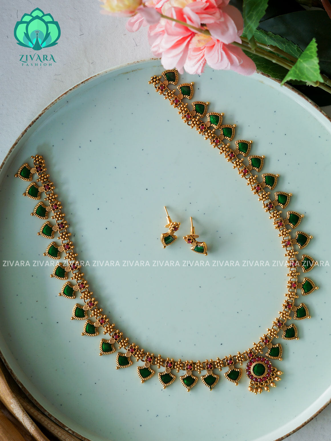 ANANYA SERIES - DARK GREEN MANGO PALAKKA - Traditional normal MATTE polish MIDCHEST haaram/neckwear with earrings- Zivara Fashion