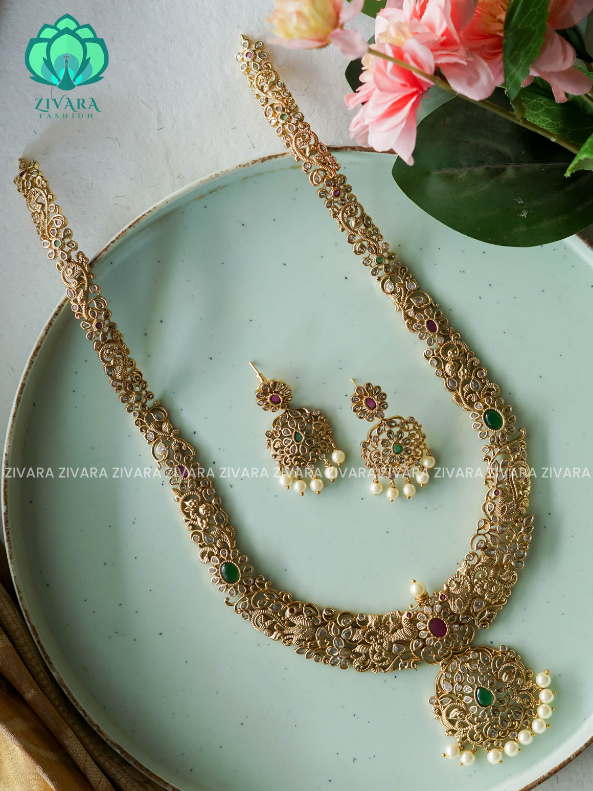 BRIDAL STONE - Traditional PREMIUM MATTE polish MIDCHEST haaram/neckwear with earrings- Zivara Fashion