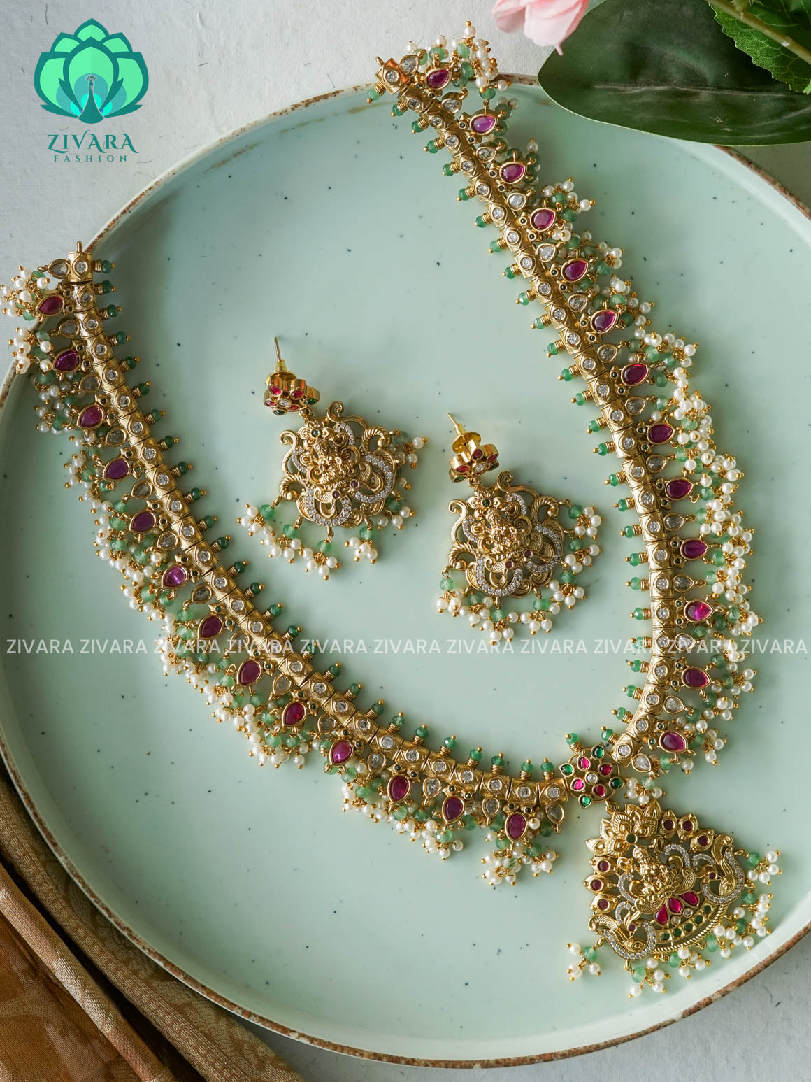 JADAU GREEN BEADS TEMPLE BRIDAL - Traditional PREMIUM MATTE polish MIDCHEST haaram/neckwear with earrings- Zivara Fashion