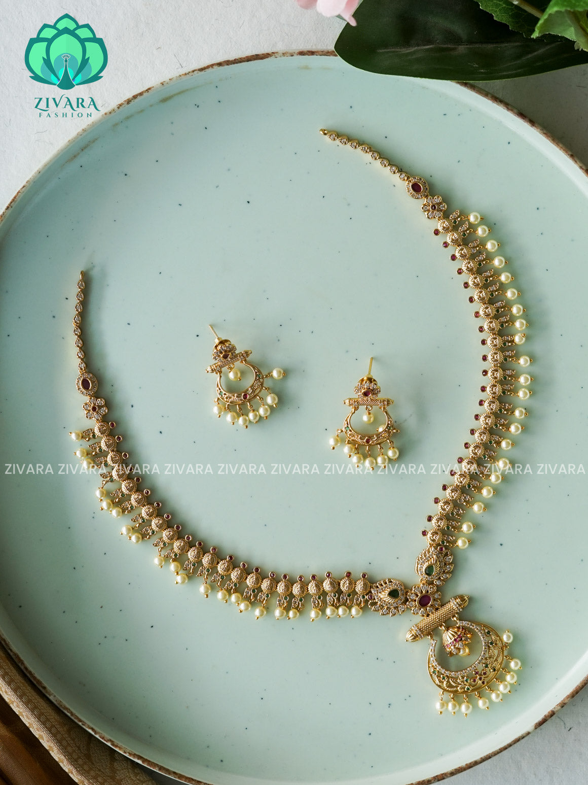 SLENDER  - Traditional PREMIUM MATTE polish MIDCHEST haaram/neckwear with earrings- Zivara Fashion