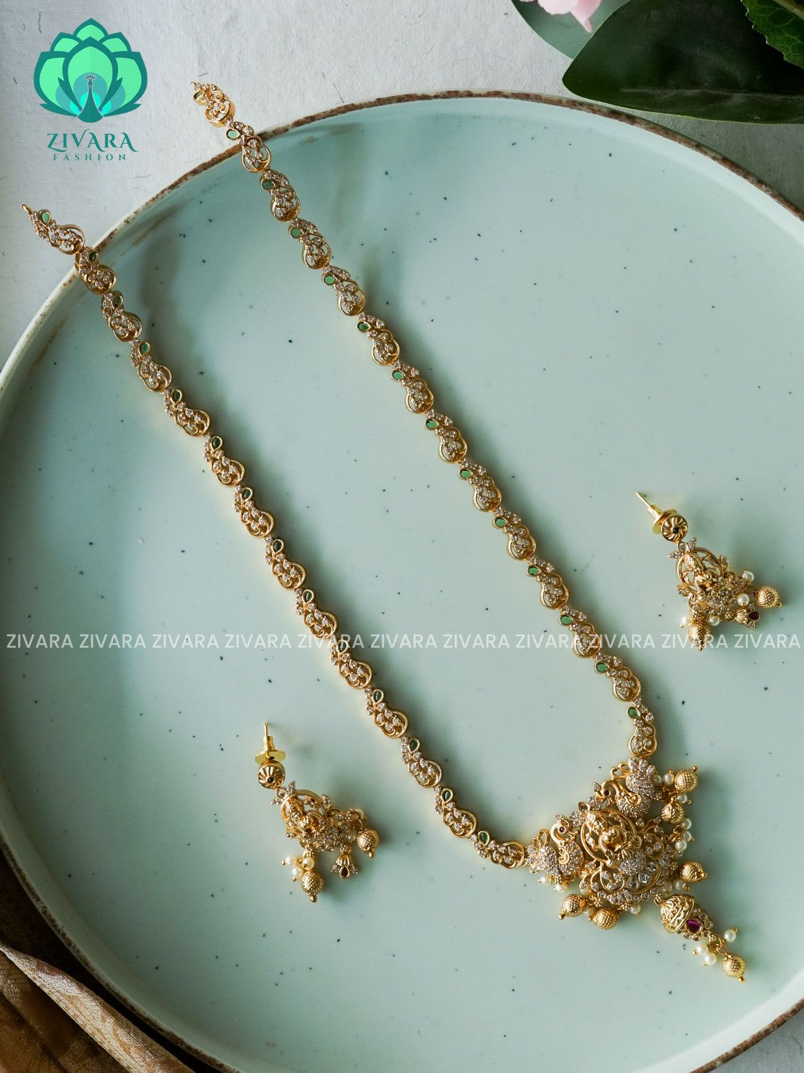 TEMPLE SMALL SIZE  - Traditional PREMIUM MATTE polish MIDCHEST haaram/neckwear with earrings- Zivara Fashion