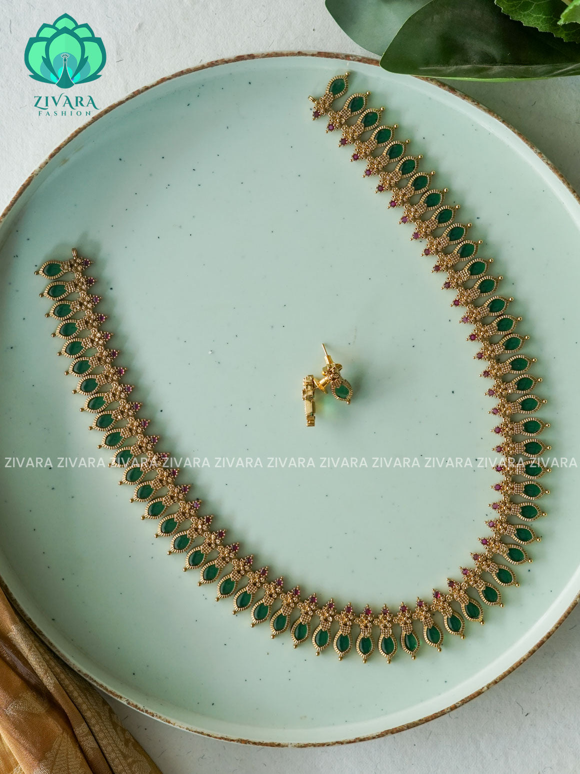ANANYA SERIES - DARK GREEN MANGO PALAKKA - Traditional PREMIUM MATTE polish MIDCHEST haaram/neckwear with earrings- Zivara Fashion