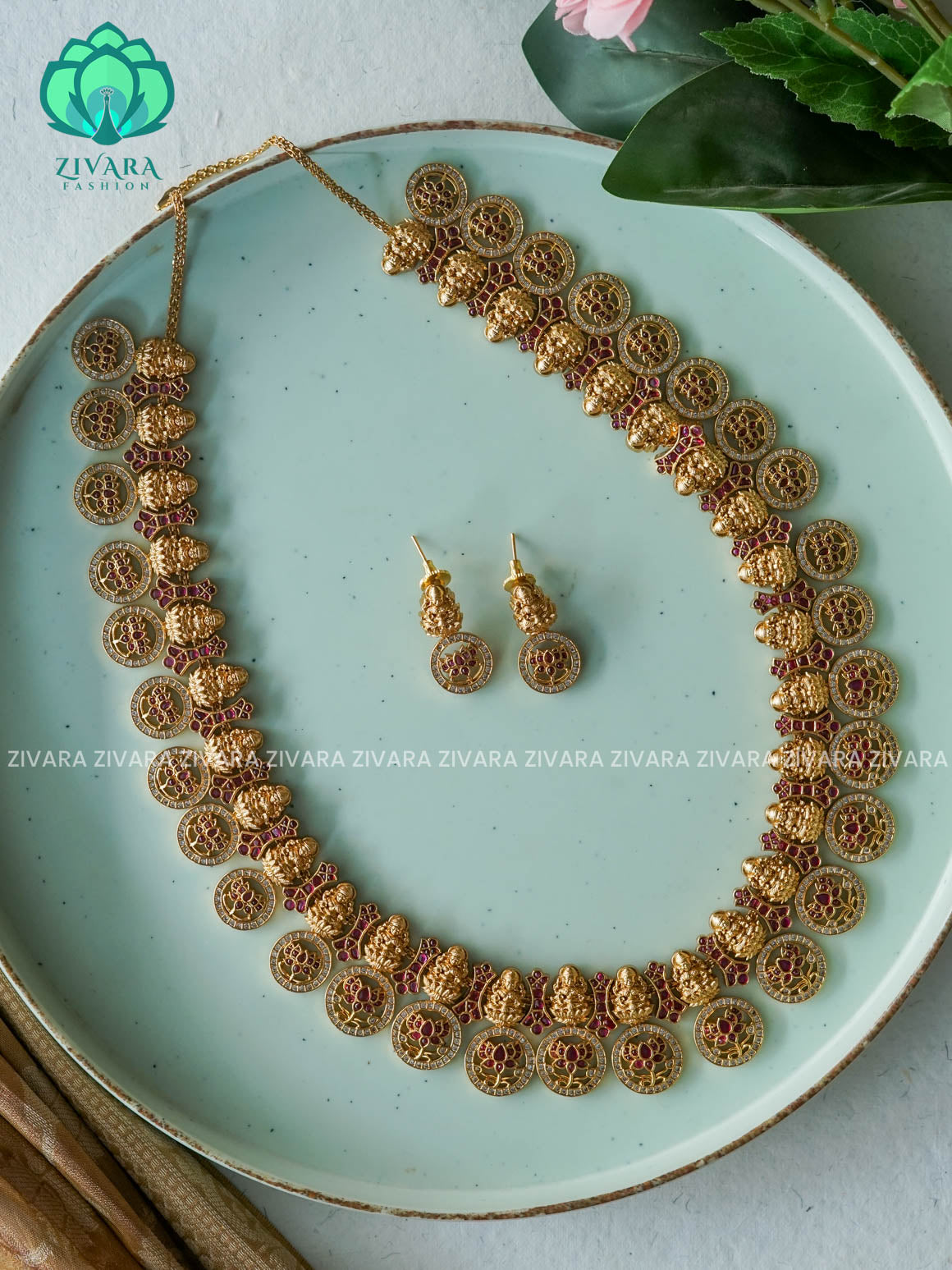 Beautiful TEMPLE LOTUS COIN  long Neckwear with earrings- CZ Matte Finish- Zivara Fashion