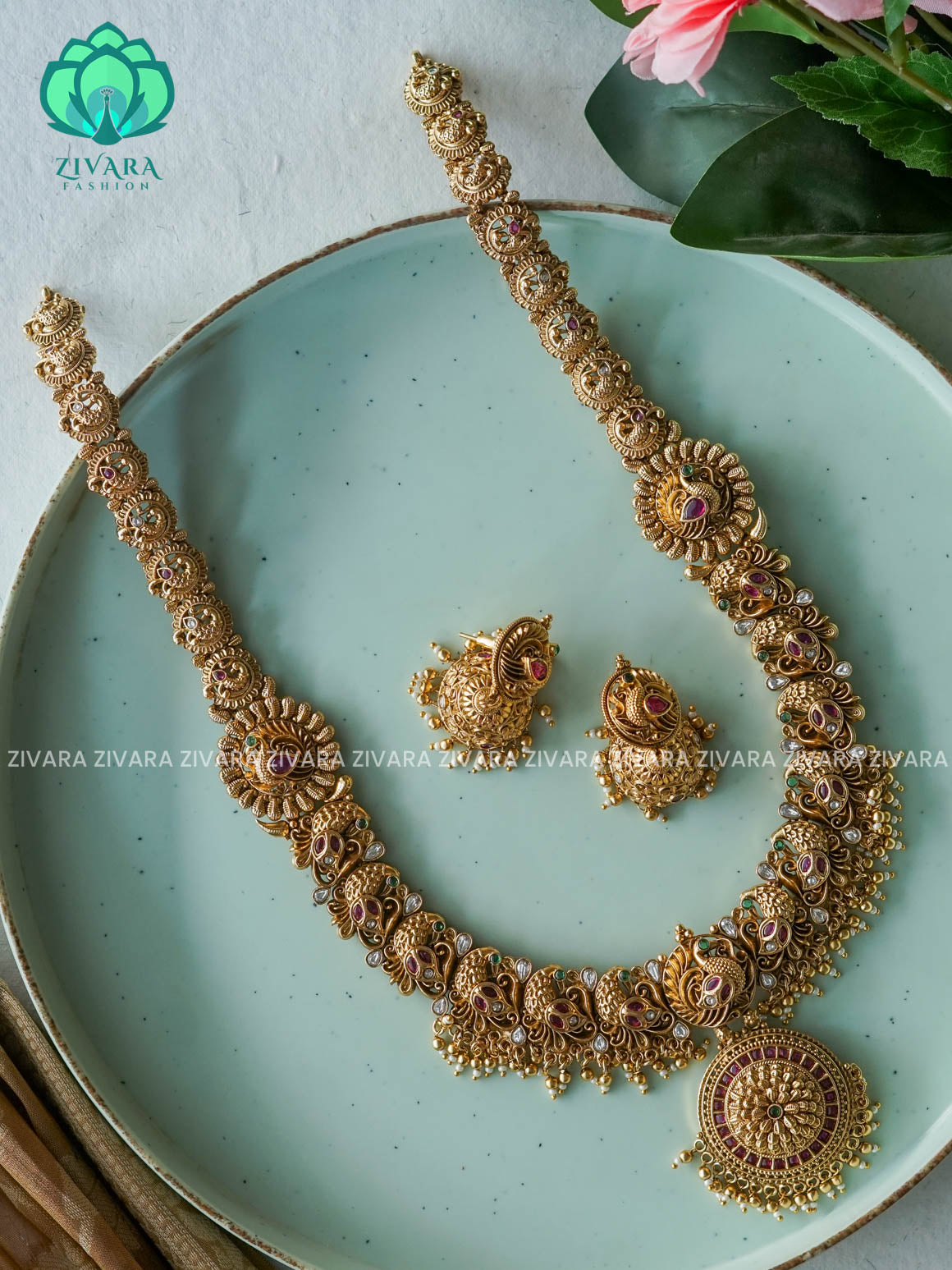 Exuberant bridal long real kemp - Traditional premium long haaram/neckwear with earrings- Zivara Fashion