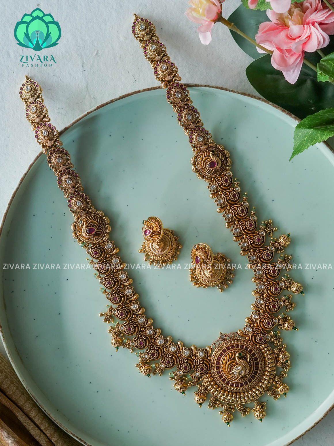 Exuberant bridal long real kemp - Traditional premium long haaram/neckwear with earrings- Zivara Fashion