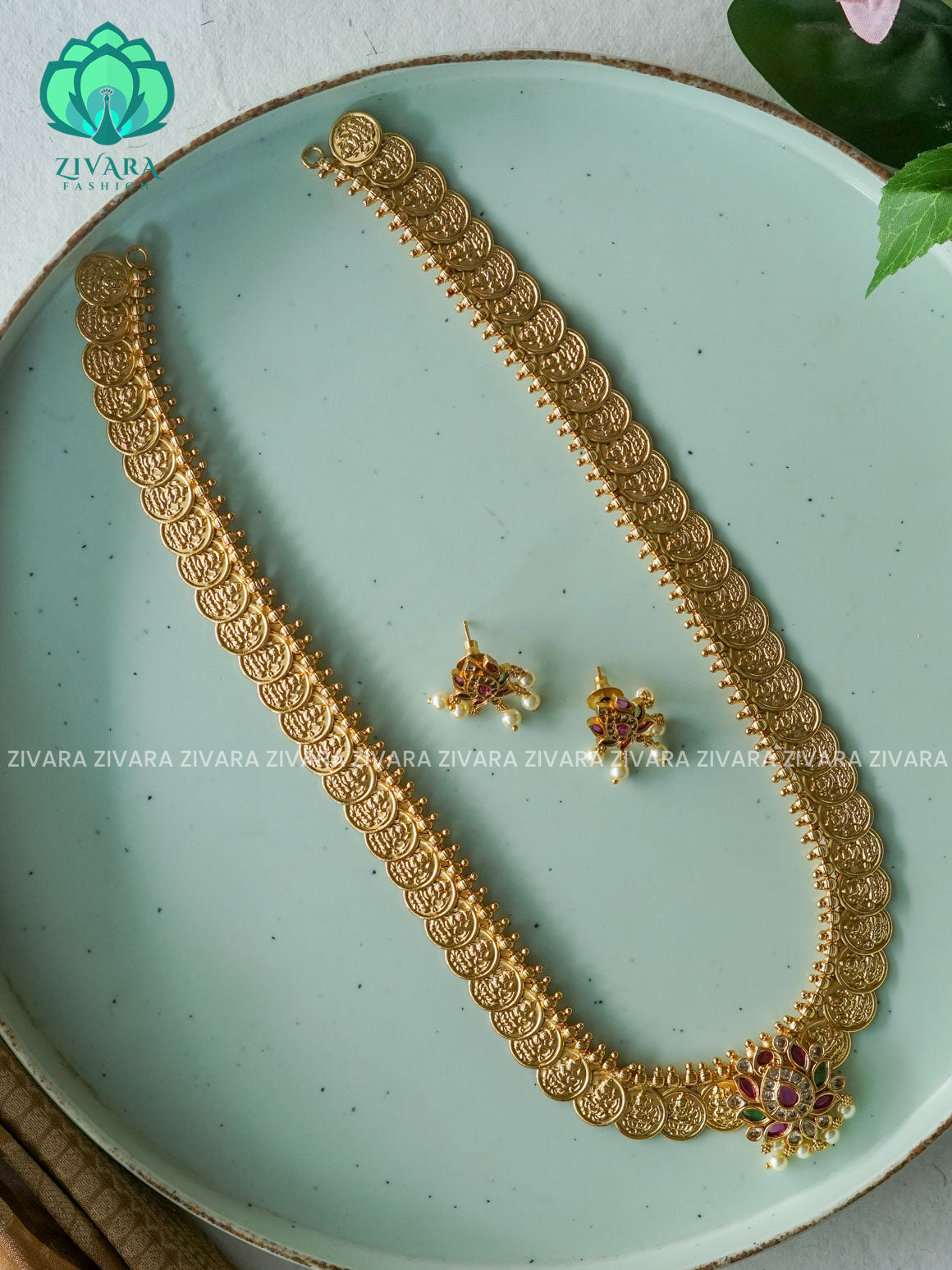 TEMPLE LONG CHAIN coin - Traditional PREMIUM MATTE polish MIDCHEST haaram/neckwear with earrings- Zivara Fashion