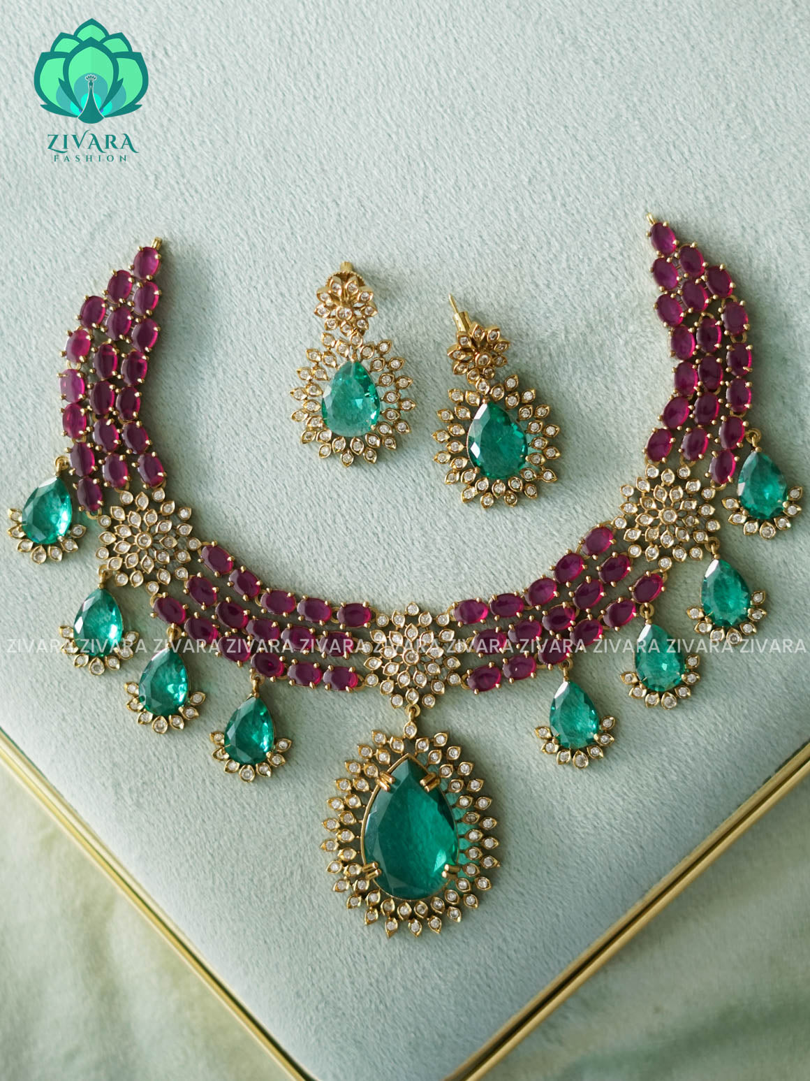 AKSHAYAM - TURQUOISE GREEN BRIDAL REAL KEMP STONE NECKWEAR - premium neckwear with earrings- Zivara Fashion- latest jewellery design