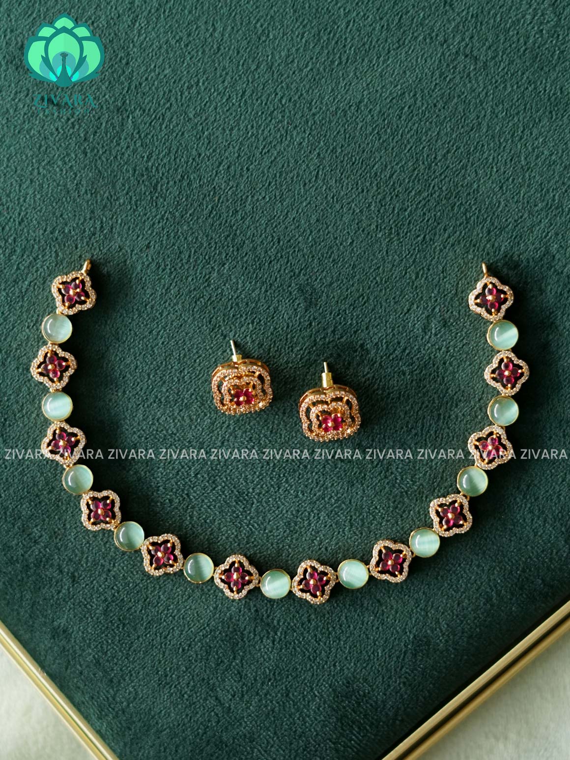 PASTEL GREEN RUBY STONE FLOWER MOTIF NECKWEAR  - stylish and minimal elegant neckwear with earrings- Zivara Fashion