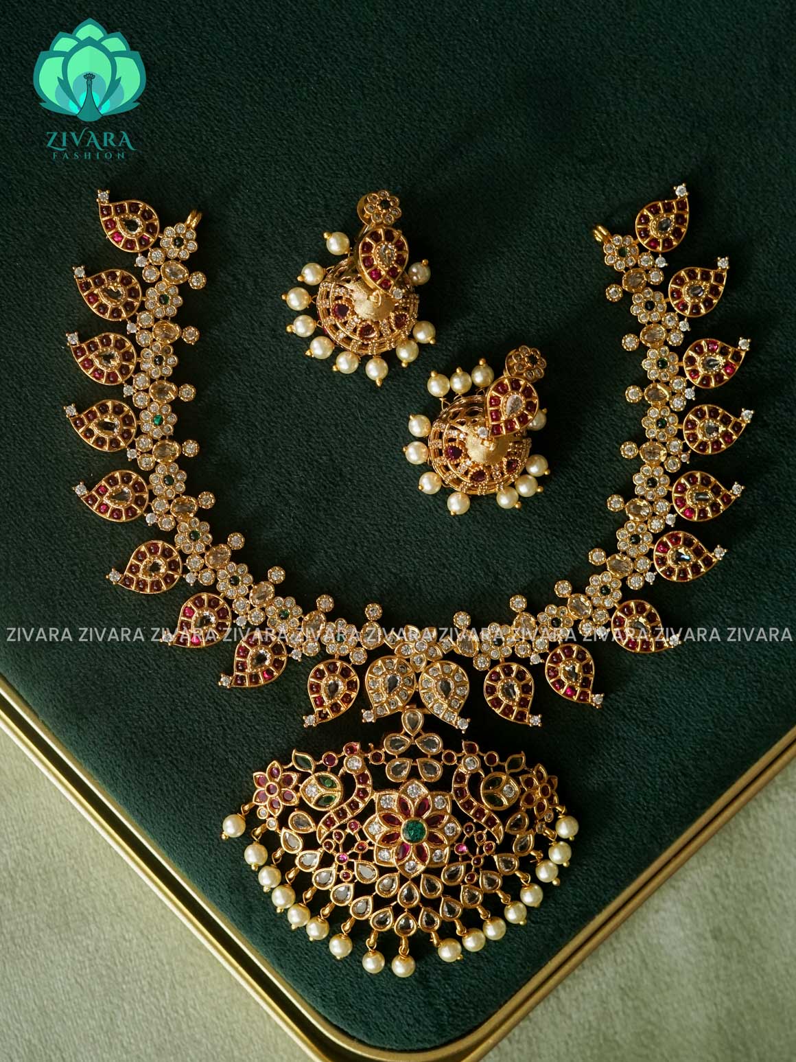RUBY GREEN STONE MANGO PEACOCK NECKWEAR - Traditional south indian premium neckwear with earrings- Zivara Fashion- latest jewellery design