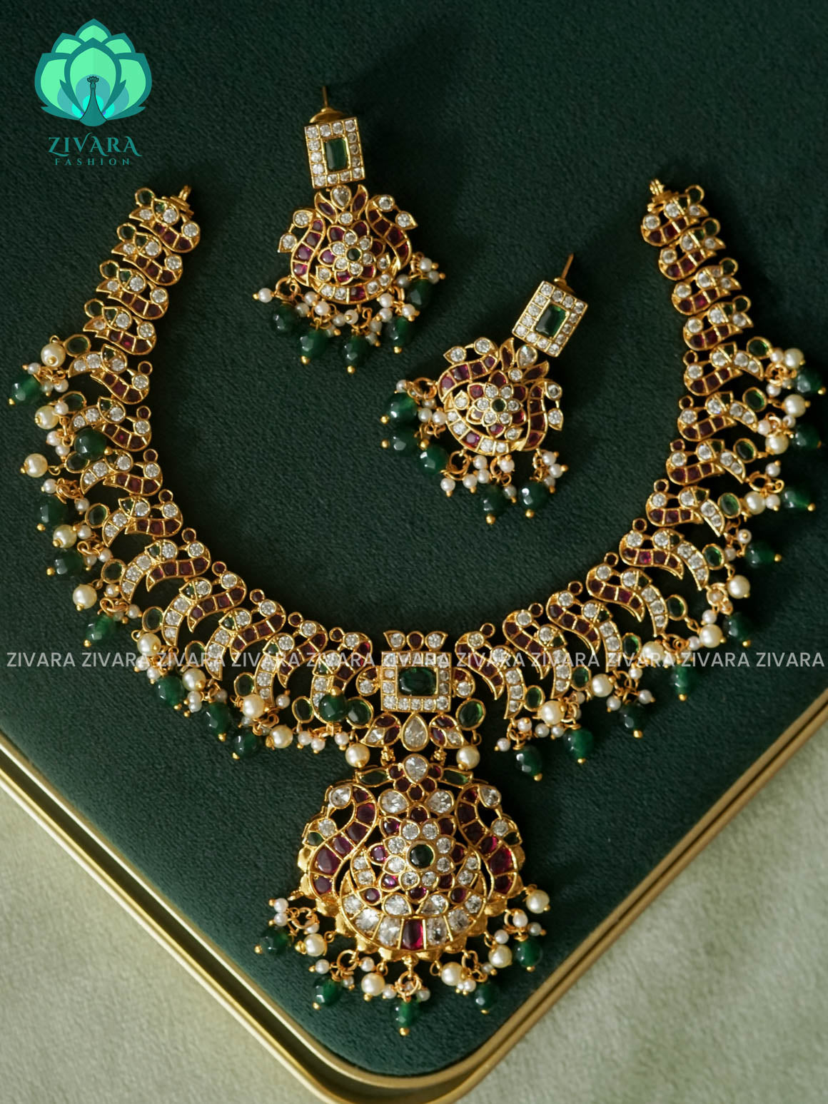 AKSHAYAM - BRIDAL REAL KEMP PEACOCK NECKWEAR WITH GREEN BEADS HANGINGS  - Traditional south indian premium neckwear with earrings- Zivara Fashion- latest jewellery design