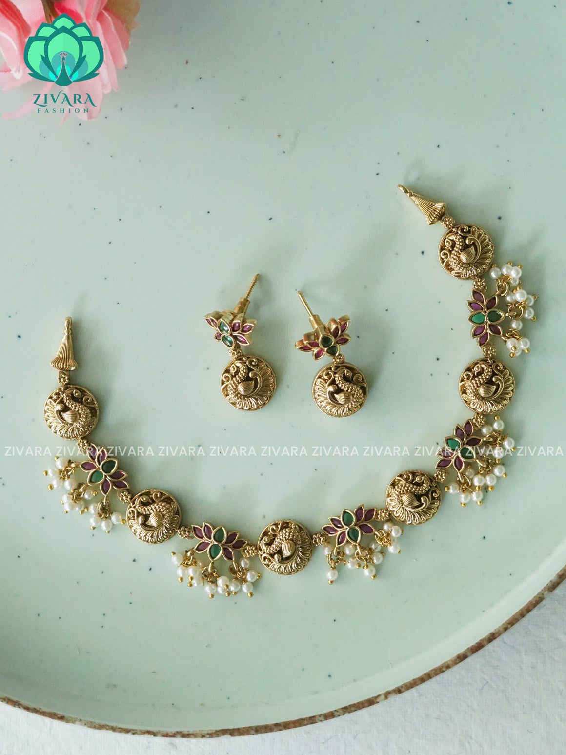 VINTAGE FINISH LOTUS ANS PEACOCK SIMPLE NECK WEAR WITh EARRINGS   - Premium quality CZ Matte collection-south indian jewellery