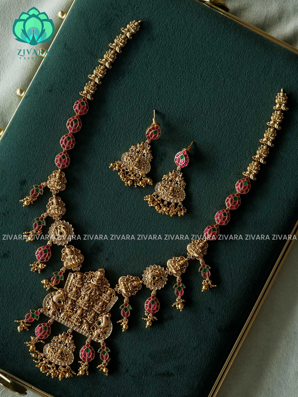 JADAU TEMPLE WITH GOLD BEADS BRIDAL - Traditional PREMIUM MATTE polish MIDCHEST haaram/neckwear with earrings- Zivara Fashion