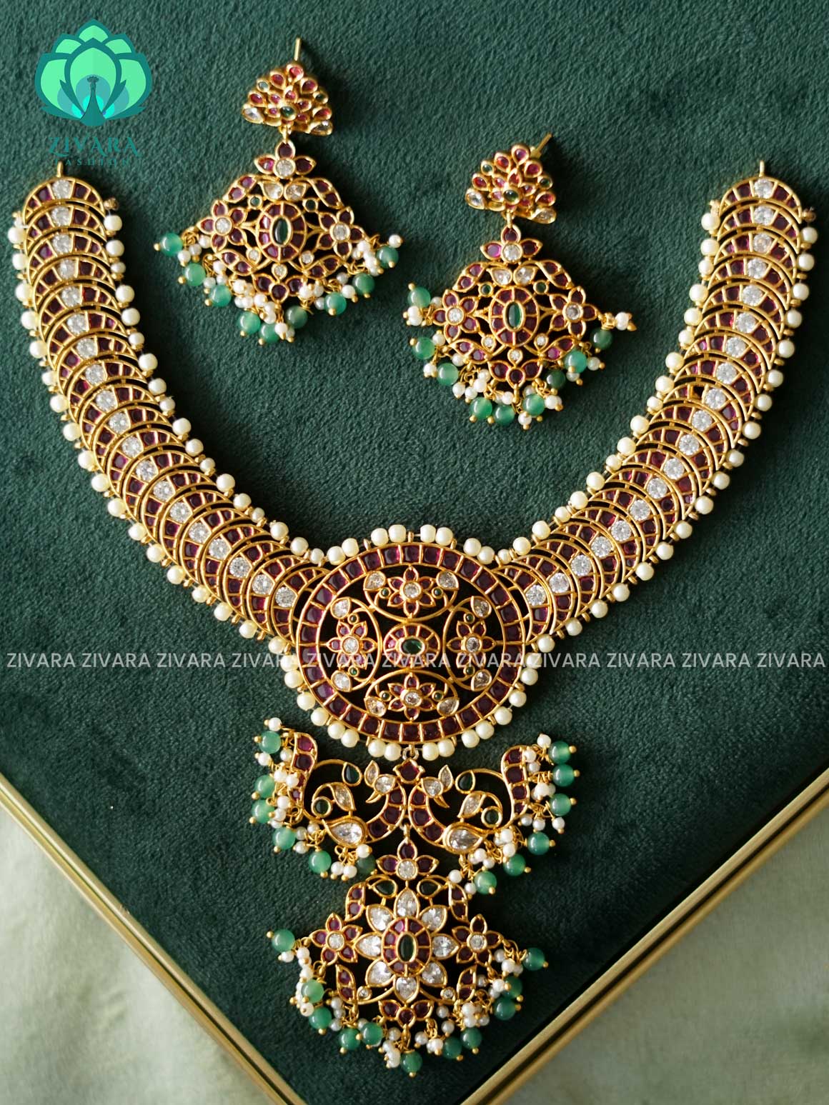 REAL KEMP PEACOCK  WITH GREEN BEADS NECKWEAR Traditional south indian premium neckwear with earrings- Zivara Fashion- latest jewellery design