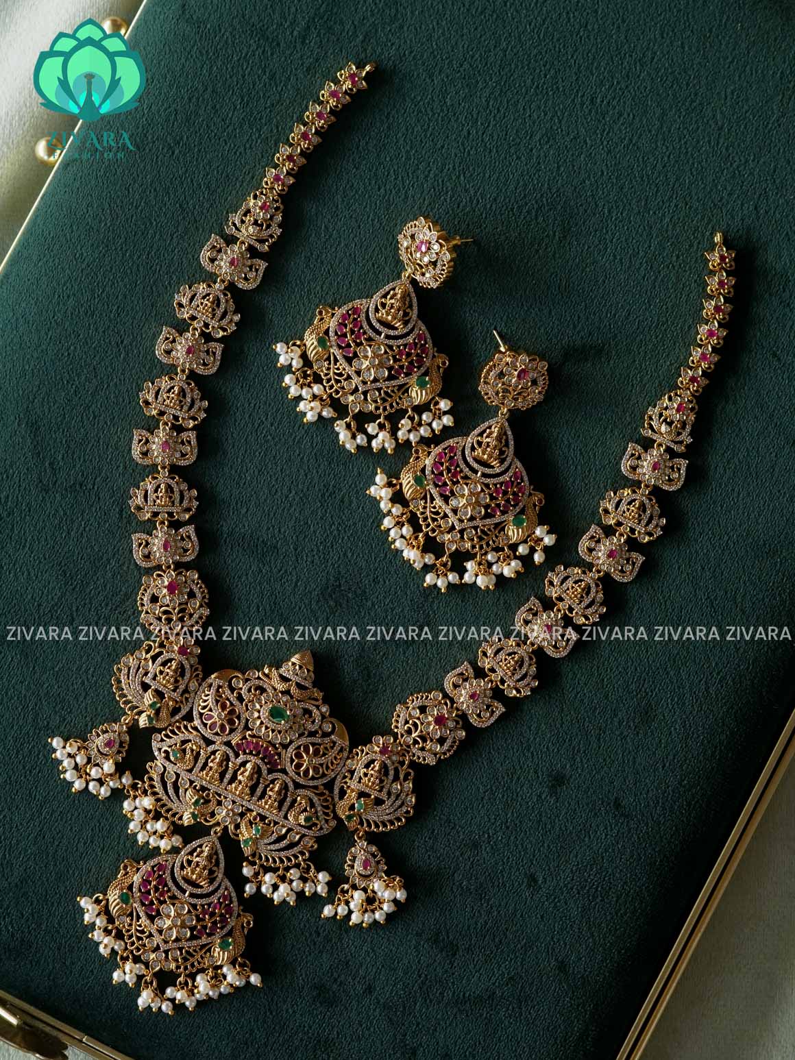 TEMPLE BRIDAL - Traditional PREMIUM MATTE polish MIDCHEST haaram/neckwear with earrings- Zivara Fashion