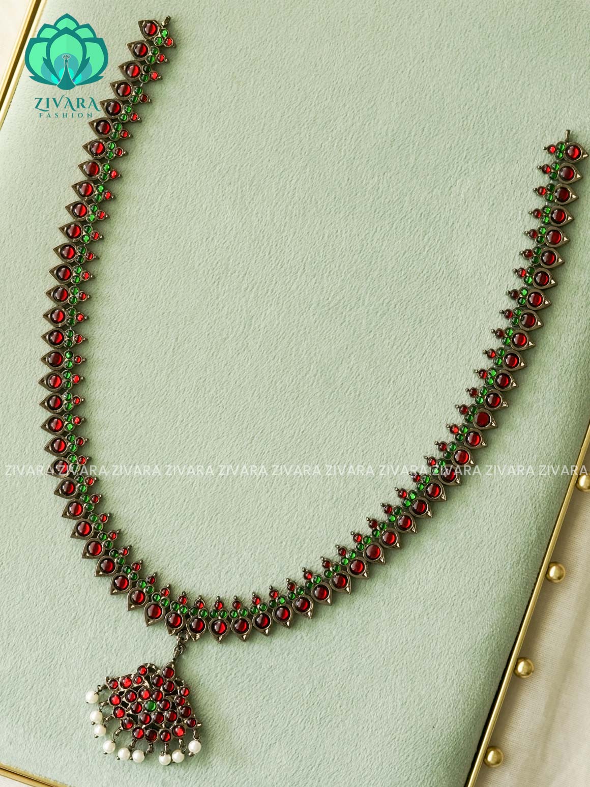 RED AND GREEN - madhuri- BLACK TAPASVEE KEMP HANDMADE MIDCHEST HARAM - latest kemp dance jewellery collection