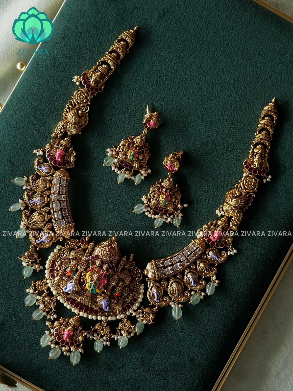MADHURYA-ELEPHANT-GRAND TEMPLE  BRIDAL VINTAGE FINISH SET handpainted - Traditional south indian premium neckwear with earrings- Zivara Fashion