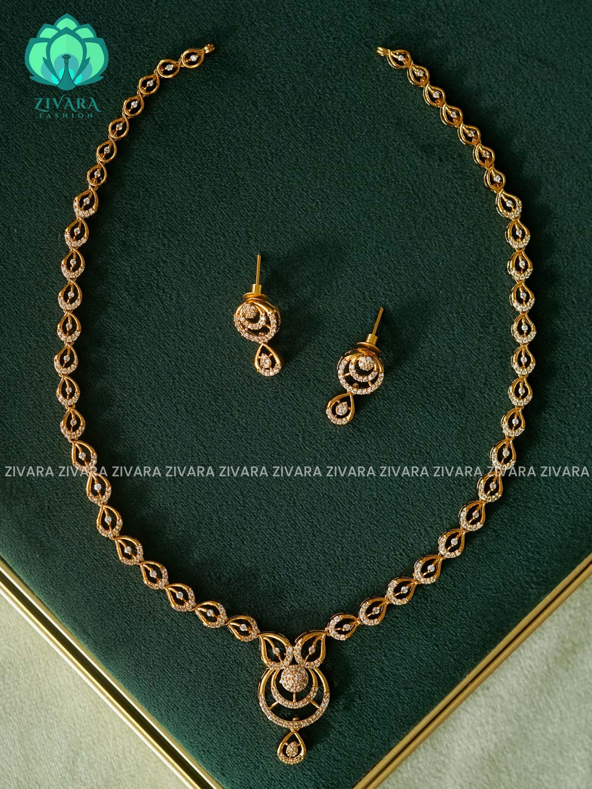 WHITE STONE LEAF ELEGANT - Traditional PREMIUM MIDCHEST haaram/neckwear with earrings- Zivara Fashion