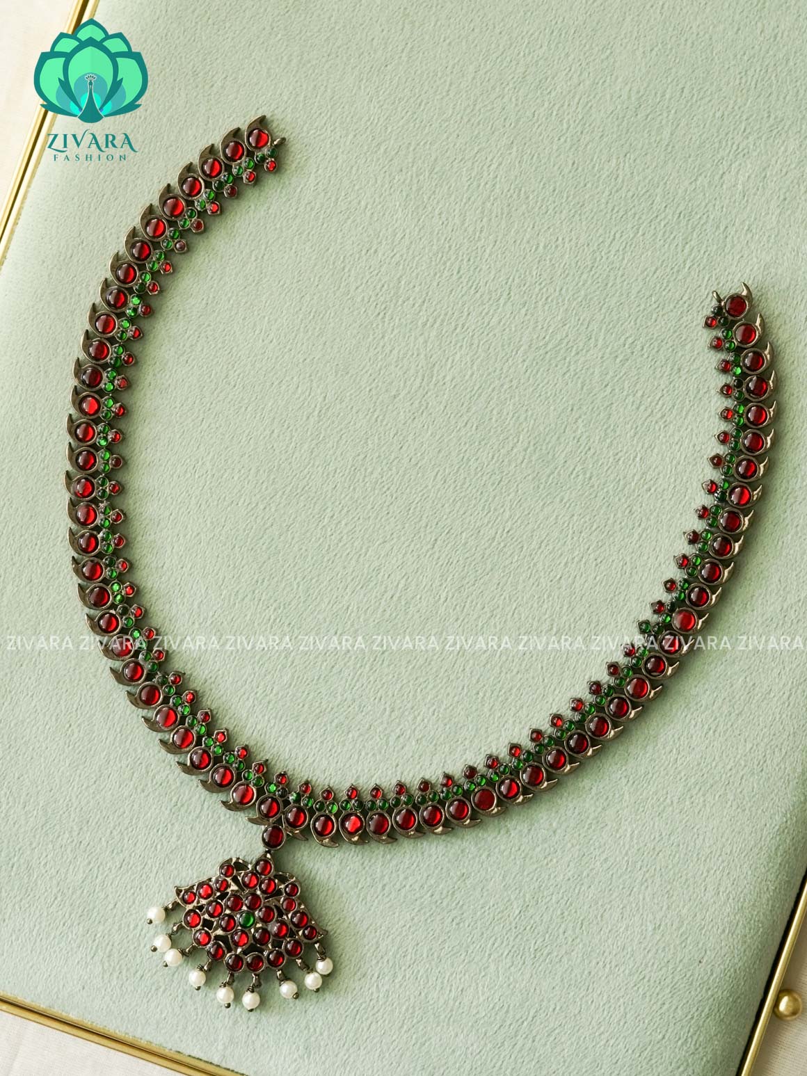 RED AND GREEN - madhuri- BLACK MANGA KEMP HANDMADE MIDCHEST HARAM - latest kemp dance jewellery collection