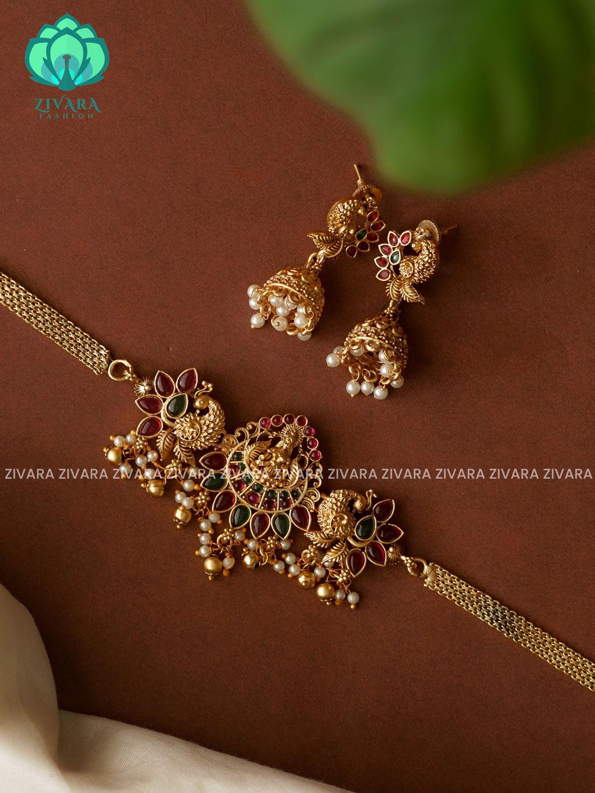 Ruby and Green- Trending temple peacock choker with earrings-latest south indian jewellery