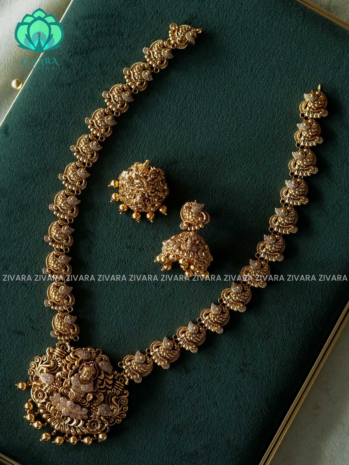 TEMPLE BRIDAL - Traditional PREMIUM MATTE polish MIDCHEST haaram/neckwear with earrings- Zivara Fashion