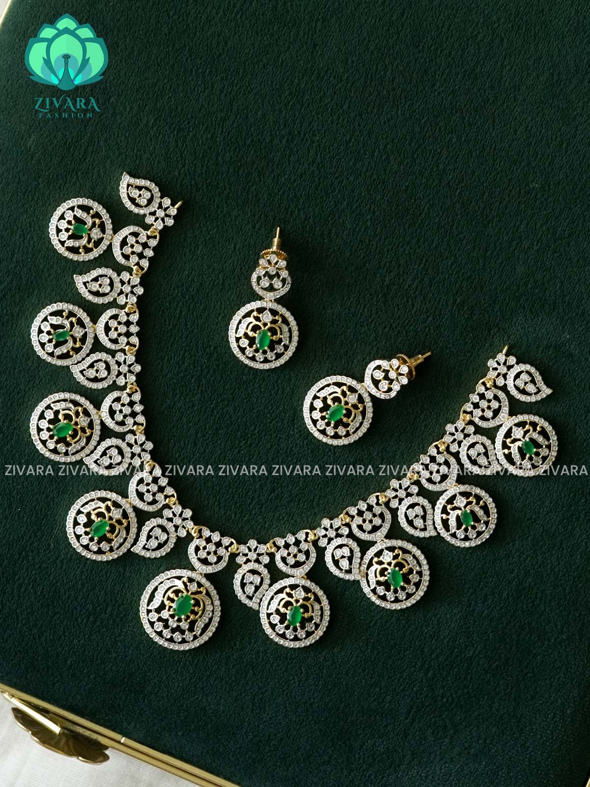 GREEN BRIDAL AD STONE FLOWER  ELEGANT NECKWEAR  -  BRIGHT FINISH  with earrings- Zivara fashion