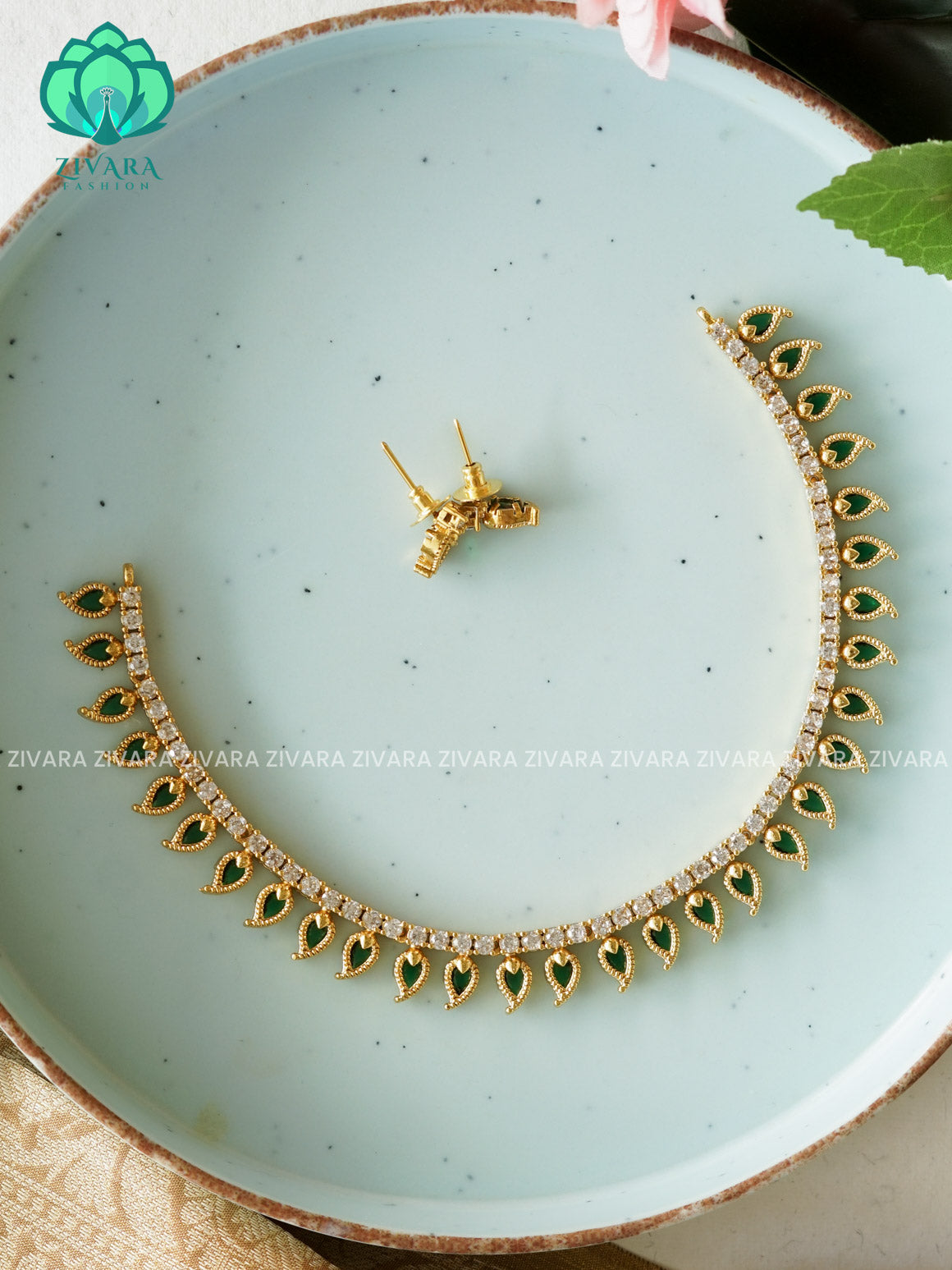 Green- Stone mango- Traditional south indian premium neckwear with earrings- Zivara Fashion- latest jewellery design