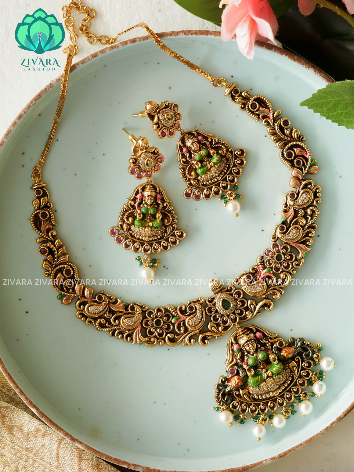 GRAND BRIDAL VINTAGE FINISH  handpainted - Traditional south indian premium neckwear with earrings- Zivara Fashion- latest jewellery design