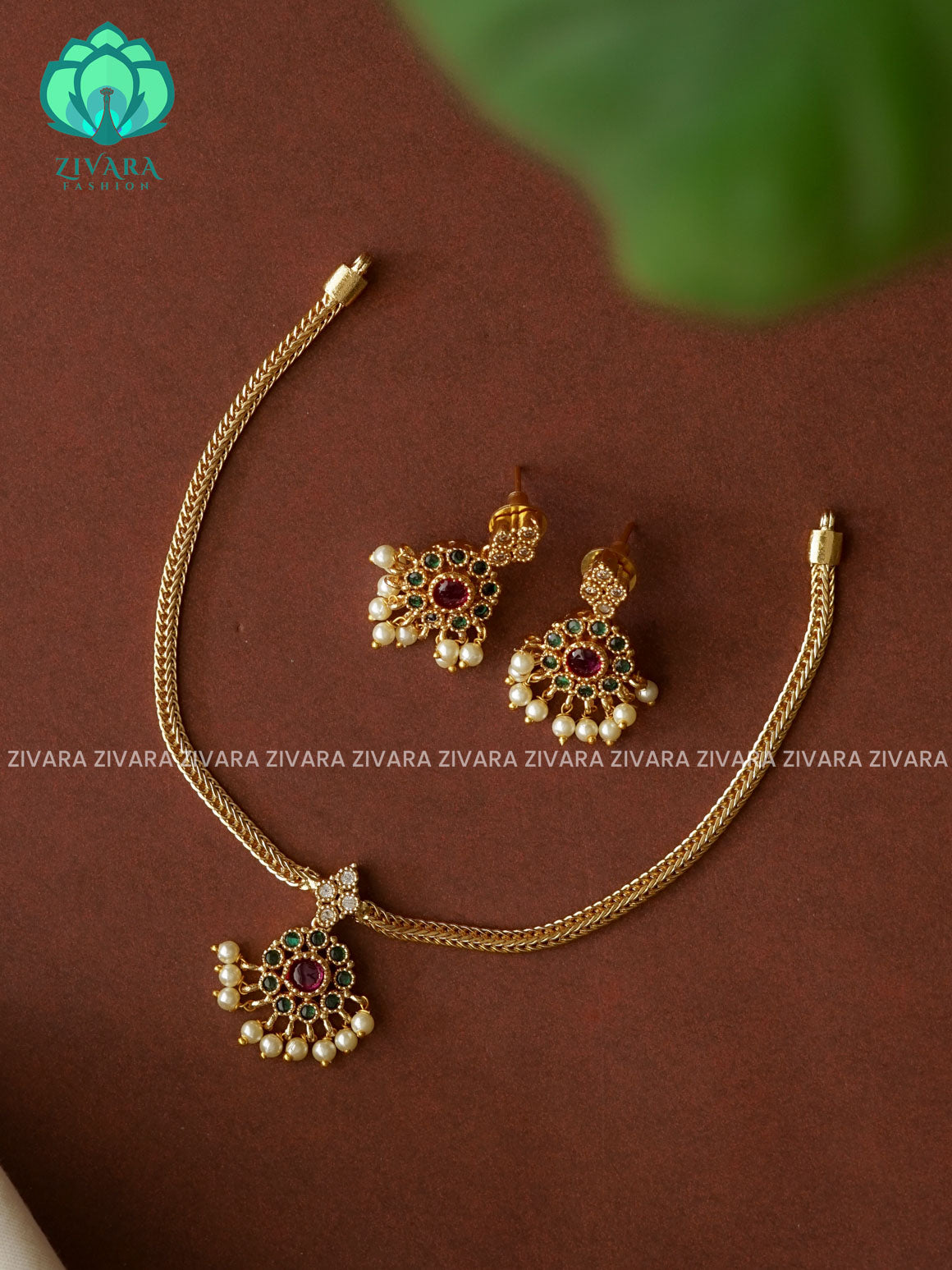 KIDS FRIENDLY REAL KEMP PENDANT WITH FLEXIBLE CHAIN   -  Traditional south indian premium neckwear with earrings- Zivara Fashion- latest jewellery design.