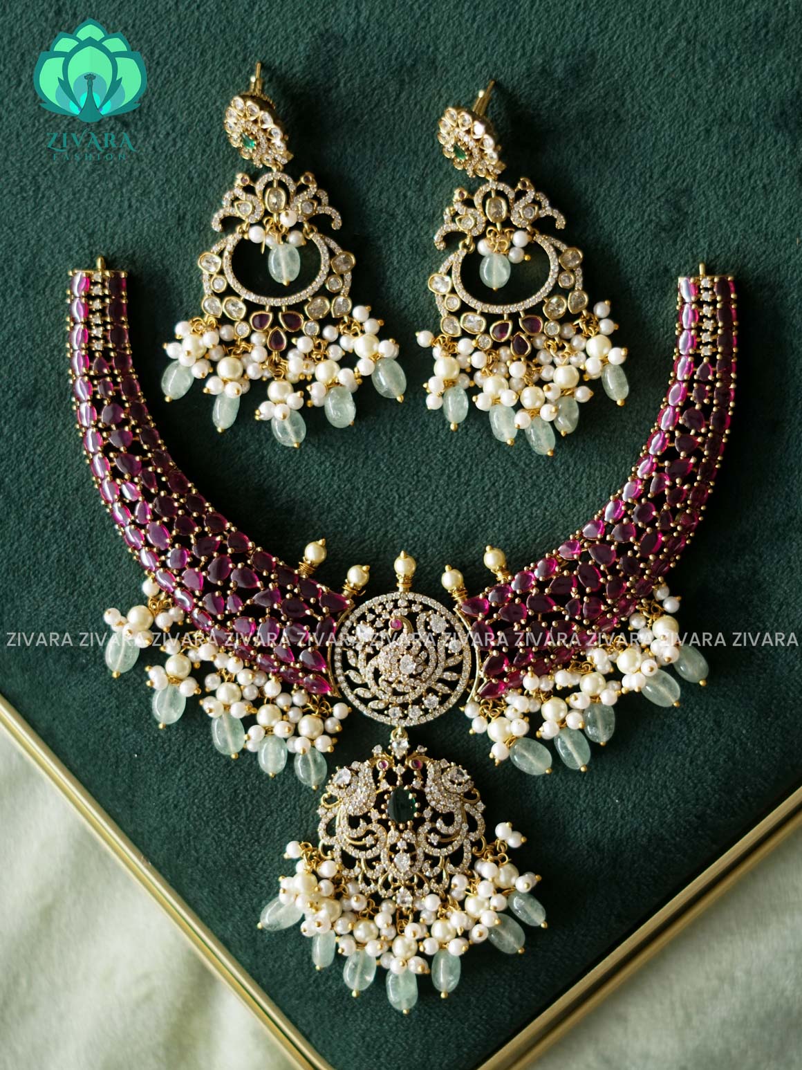 AKSHAYAM -  BRIDAL REAL KEMP STONE NECKWEAR WITH PASTEL GREEN BEADS HANGINGS - premium neckwear with earrings- Zivara Fashion- latest jewellery design