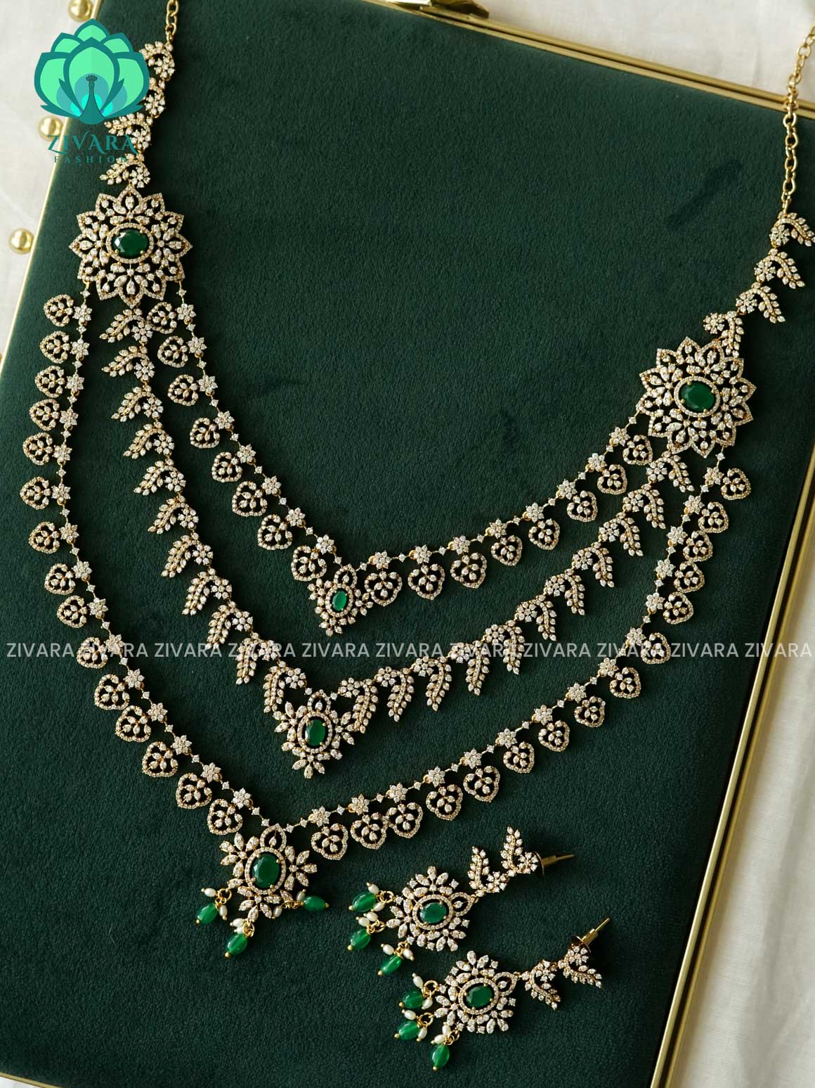 3 STEP Exuberant bridal  - Traditional premium long haaram/neckwear hanging beads with earrings- Zivara Fashution