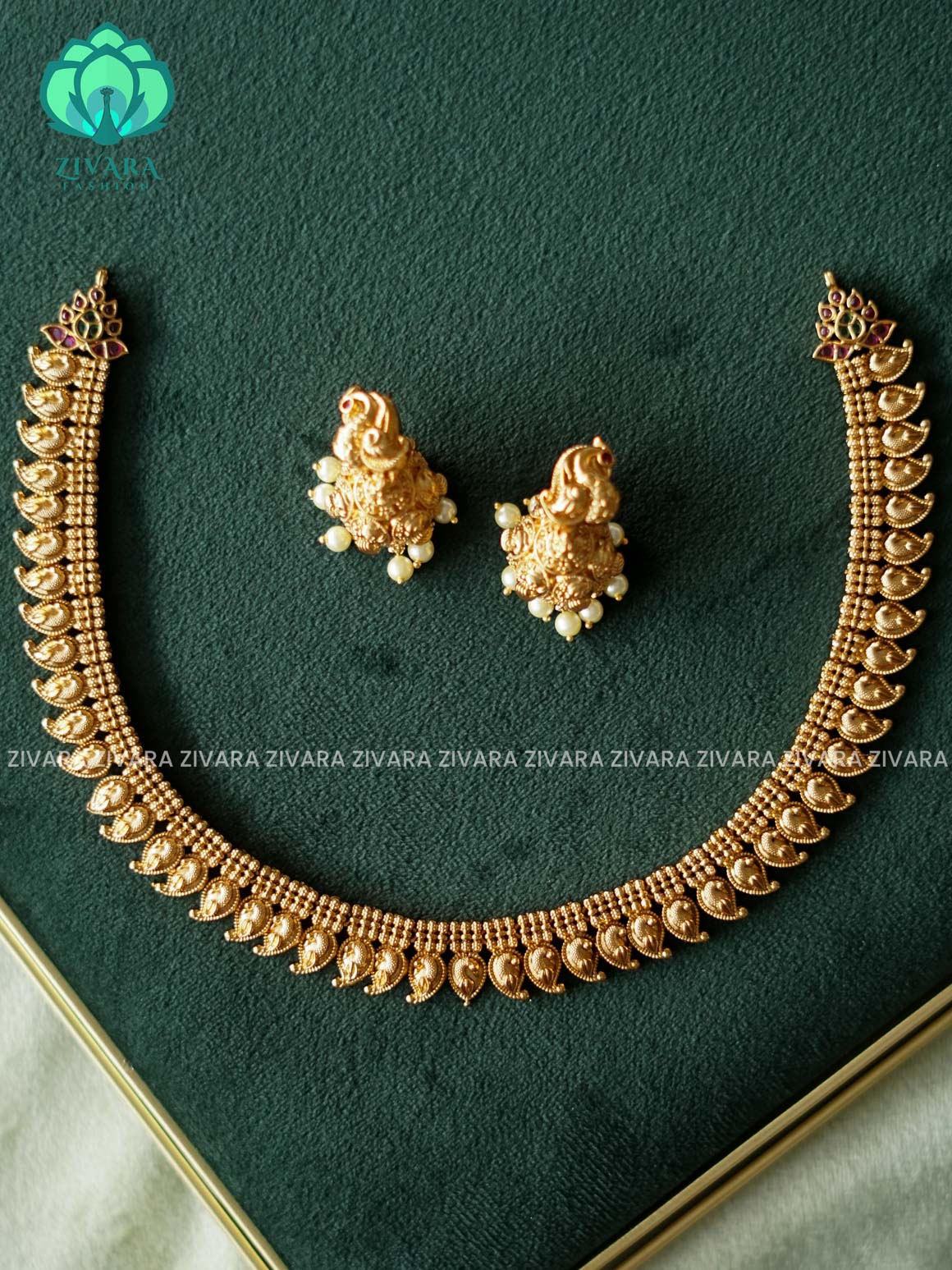 SIMPLE MANGA NECKWEAR WITH PEACOCK MOTIF JHUMKAS - Traditional south indian premium neckwear with earrings- Zivara Fashion- latest jewellery design