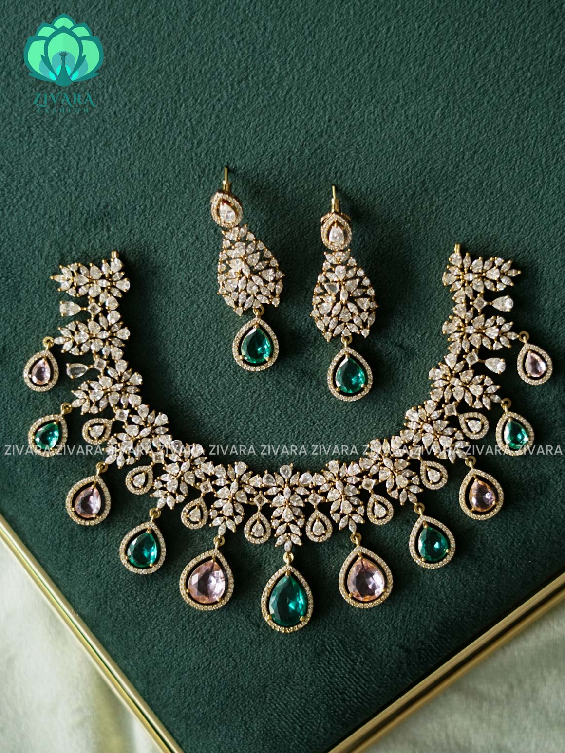 AKSHAYAM -  TURQUOISE GREEN AND PASTEL PINK STONE TEAR HANGING NECKWEAR - premium neckwear with earrings- Zivara Fashion- latest jewellery design