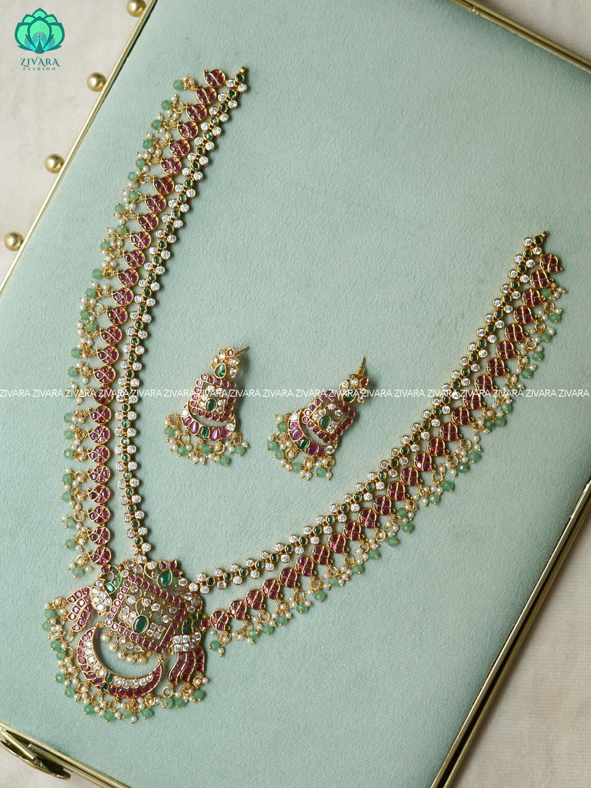PEACOCK REAL KEMP BRIDAL HAARAM  WITH GREEN BEADS HANGINGS - Traditional premium long haaram/neckwear with earrings- Zivara Fashion