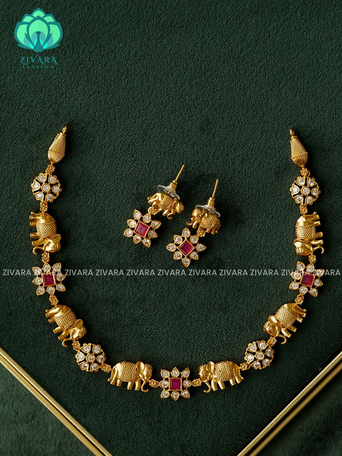 ELEPHANT RUBY STONE FLOWER  - Traditional south indian NORMAL MATTE neckwear with earrings - Zivara Fashion