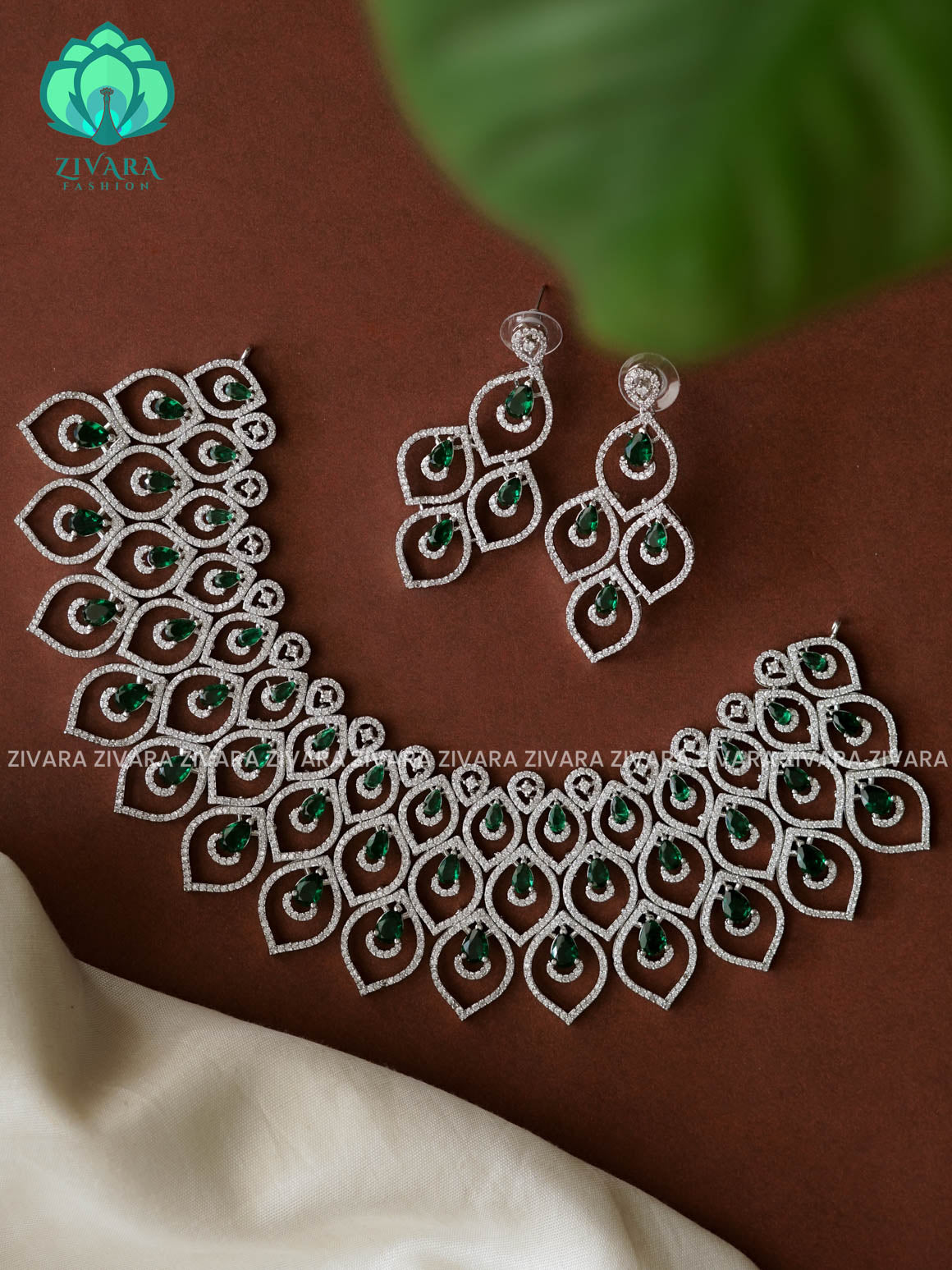 GREEN- SILVER BRIDAL  - Ultra premium SILVER polish trending neckwear collection- bridal collection- Zivara FashioN