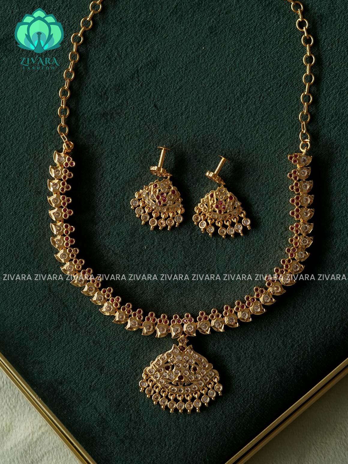 AMBIGAI- RUBY AND WHITE STONE MANGA MOTIF MICROGOLD POLISH ATTIGAI WITH EARRING - Zivara Fashion- latest jewellery desigN