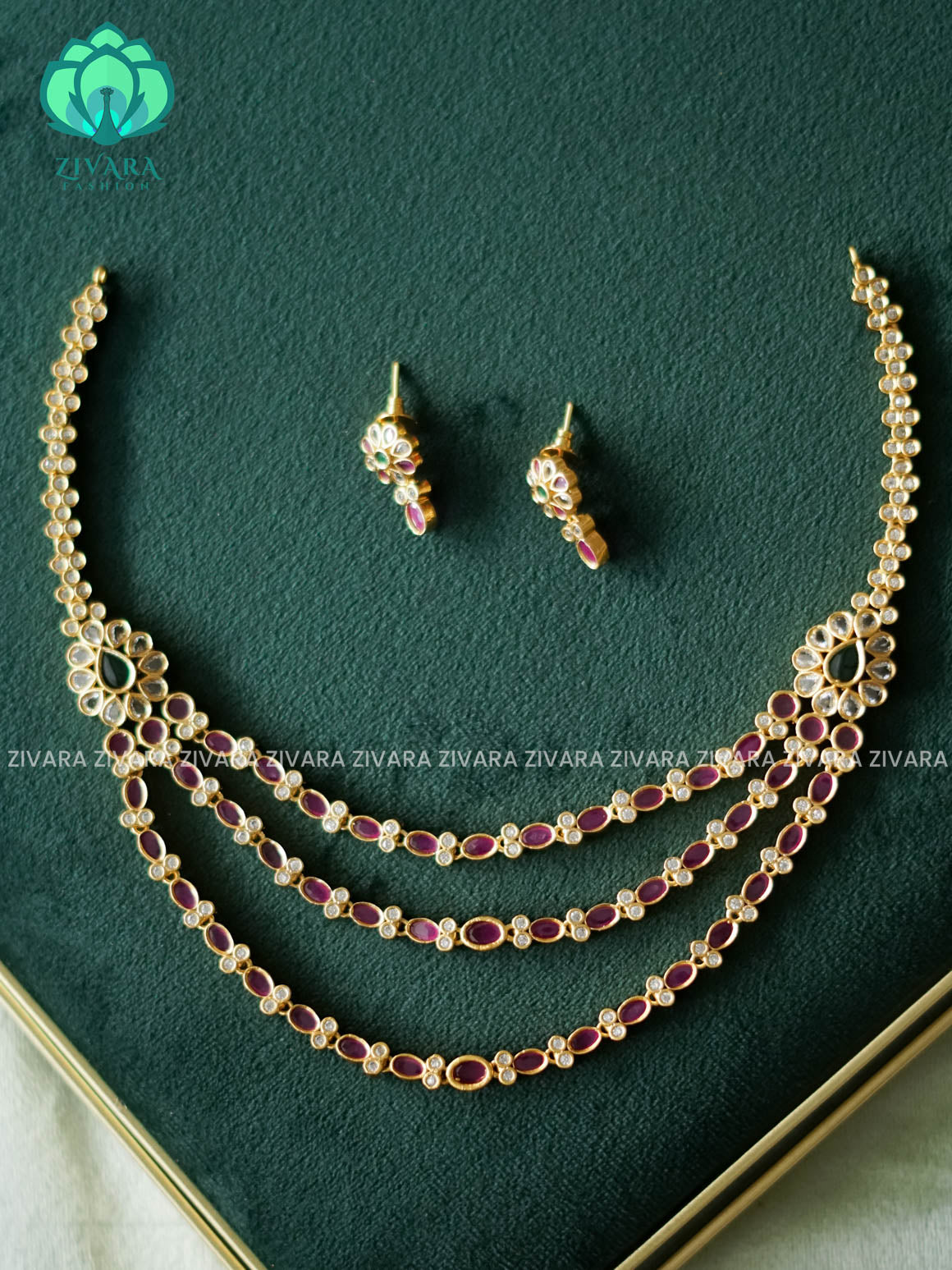 REAL KEMP 3 LAYER BRIDAL NECKWARE - Traditional south indian premium neckwear with earrings- Zivara Fashion- latest jewellery design