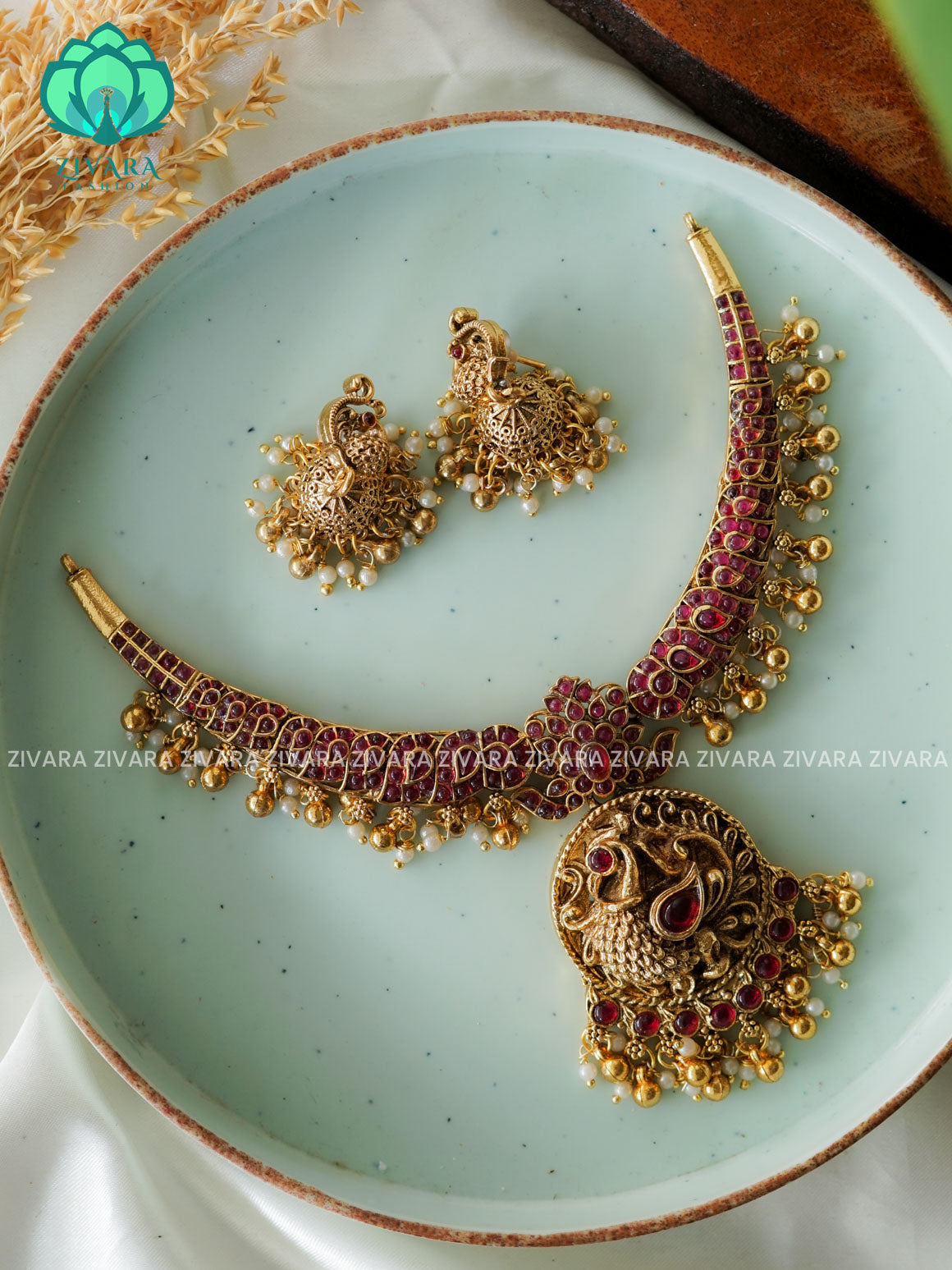 Ruby Temple  -Traditional south indian NORMAL matte  neckwear with earrings- Zivara Fashion- latest jewellery design