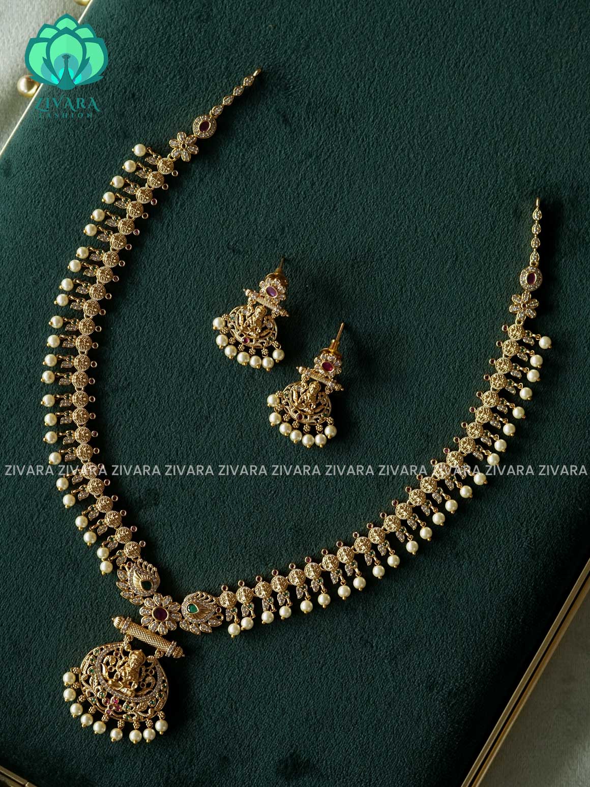 TEMPLE LONG CHAIN  - Traditional PREMIUM MATTE polish MIDCHEST haaram/neckwear with earrings- Zivara Fashion