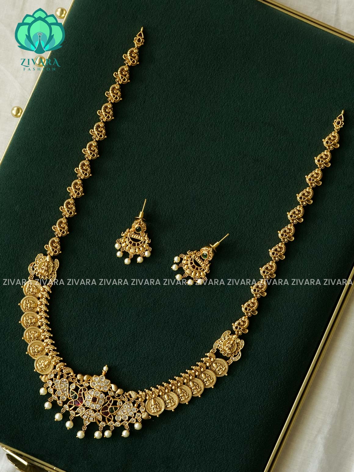 AKSHAYAM -  BRIDAL PEACOCK WITH COIN  - Traditional south indian premium  MIDCHEST haaram with earrings- Zivara Fashion