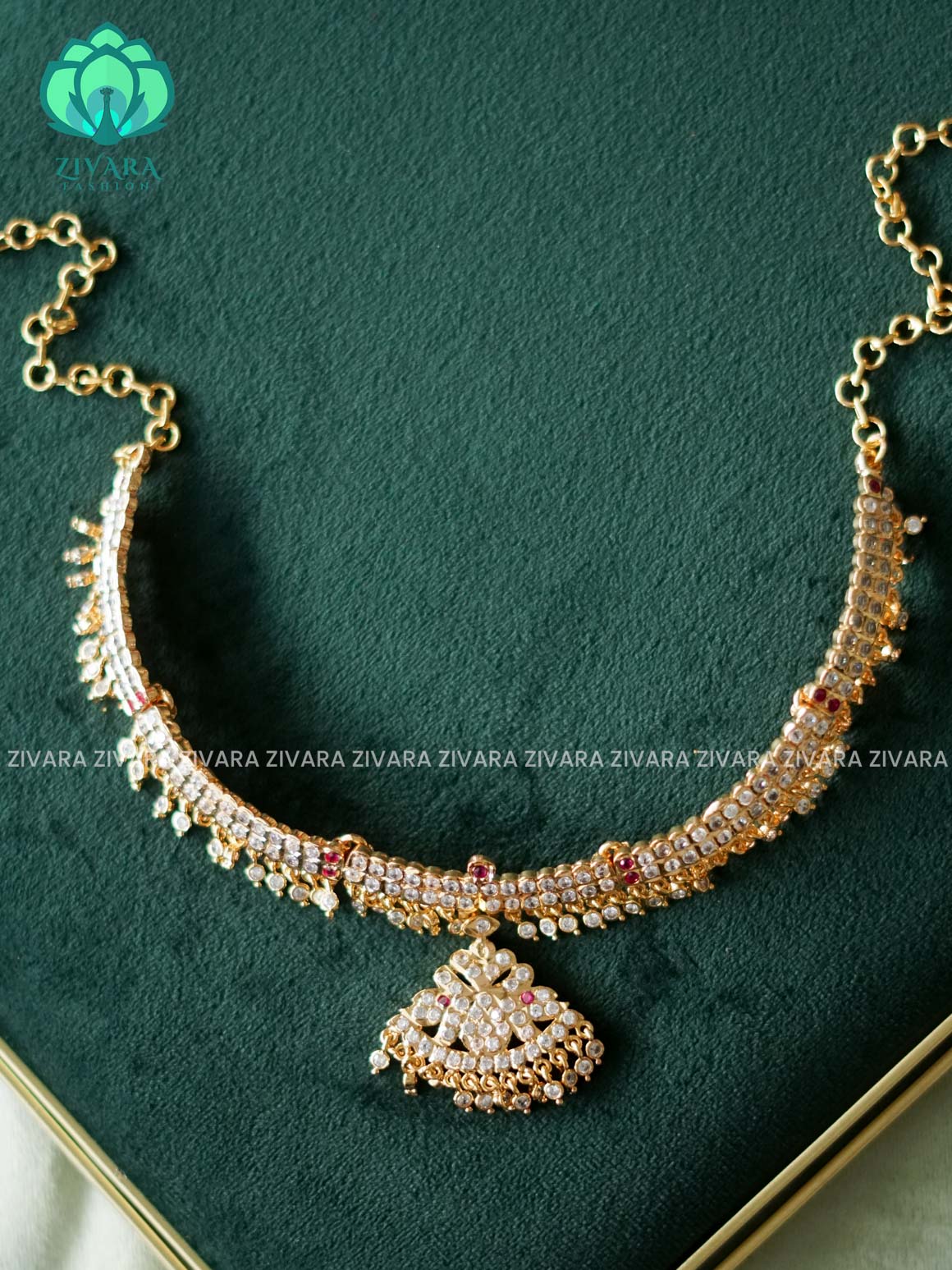 AMBIGAI  -  WHITE RUBY STONE MOTIF FREE  MICROGOLD POLISH FLEXIBLE CHAIN ATTIGAI - Zivara Fashion- latest jewellery design