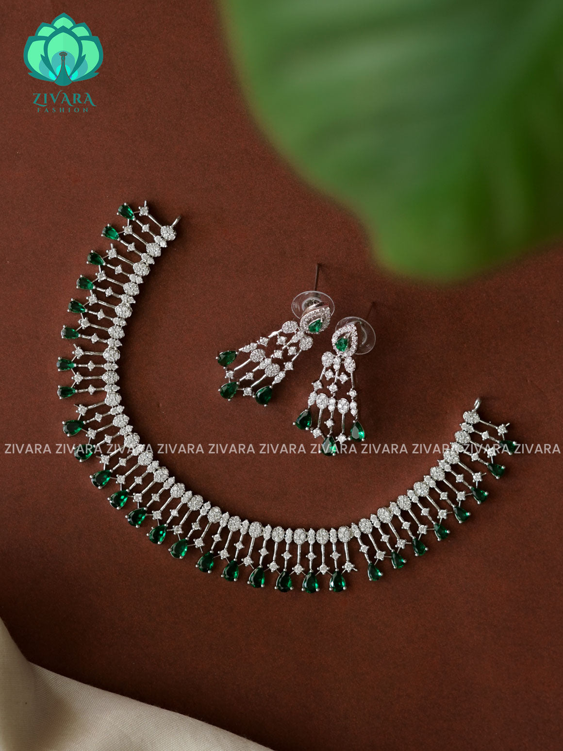 GREEN - SILVER MINIMAL  - Ultra premium SILVER polish trending neckwear collection- bridal collection- Zivara FashioN