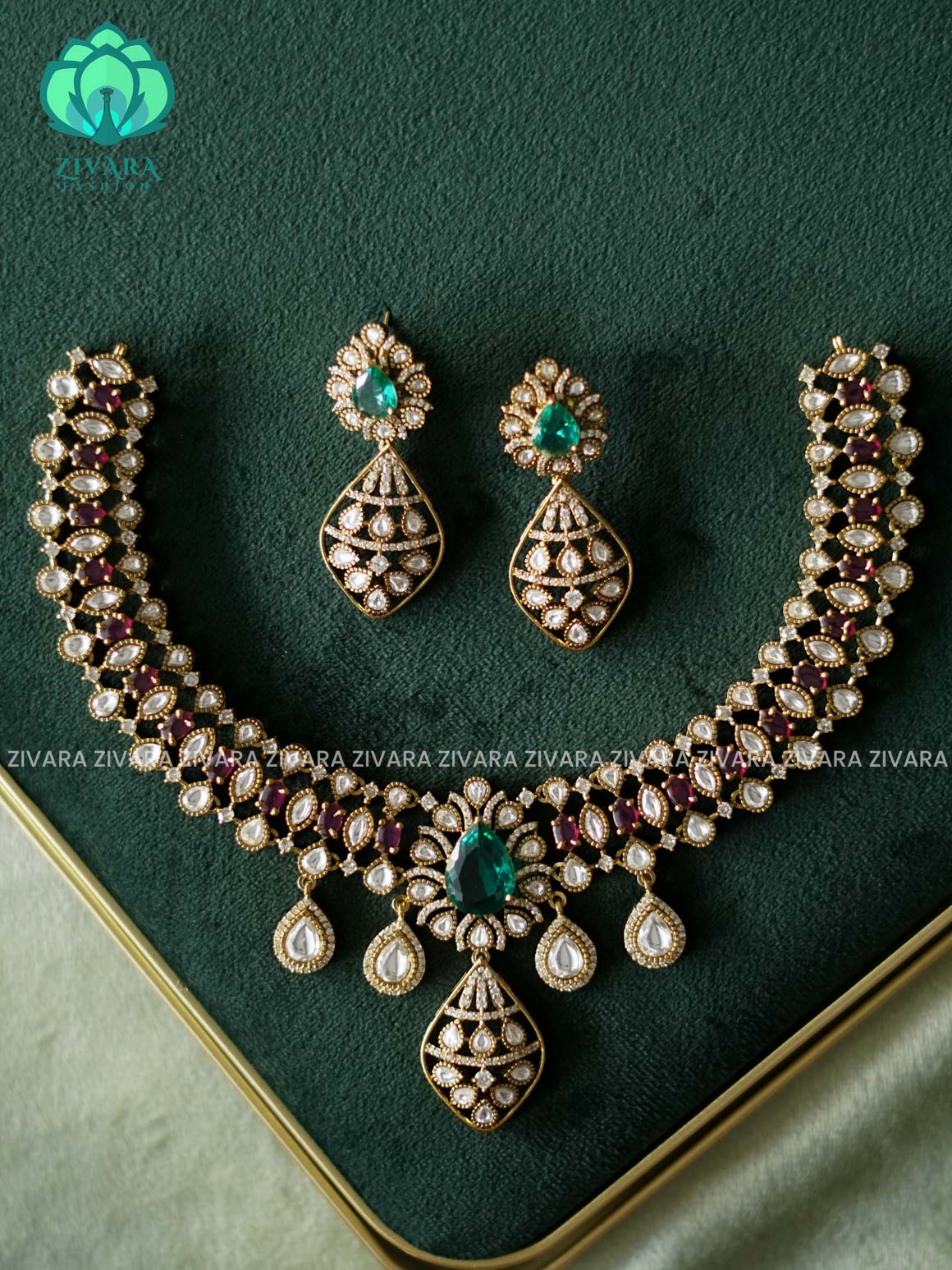 AKSHAYAM - BRIDAL STONE NECKWEAR - premium neckwear with earrings- Zivara Fashion- latest jewellery design