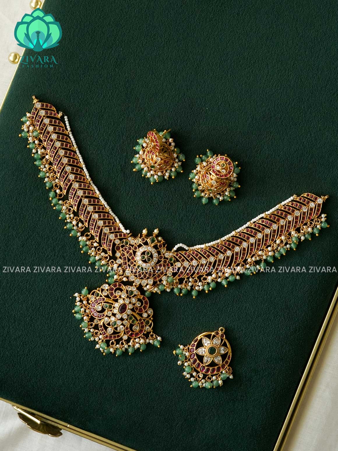 TRENDING BRIDALCHOKER WITH GREEN BEADS WITH EARRINGS - Premium finish- Zivara Fashion