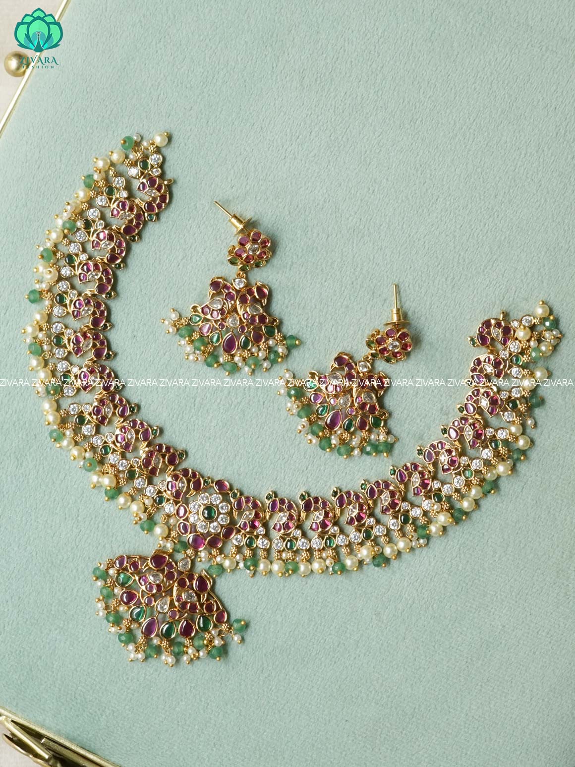 AKSHAYAM -  REAL KEMP neckwear with green beads hangings with earrings - Zivara Fashion