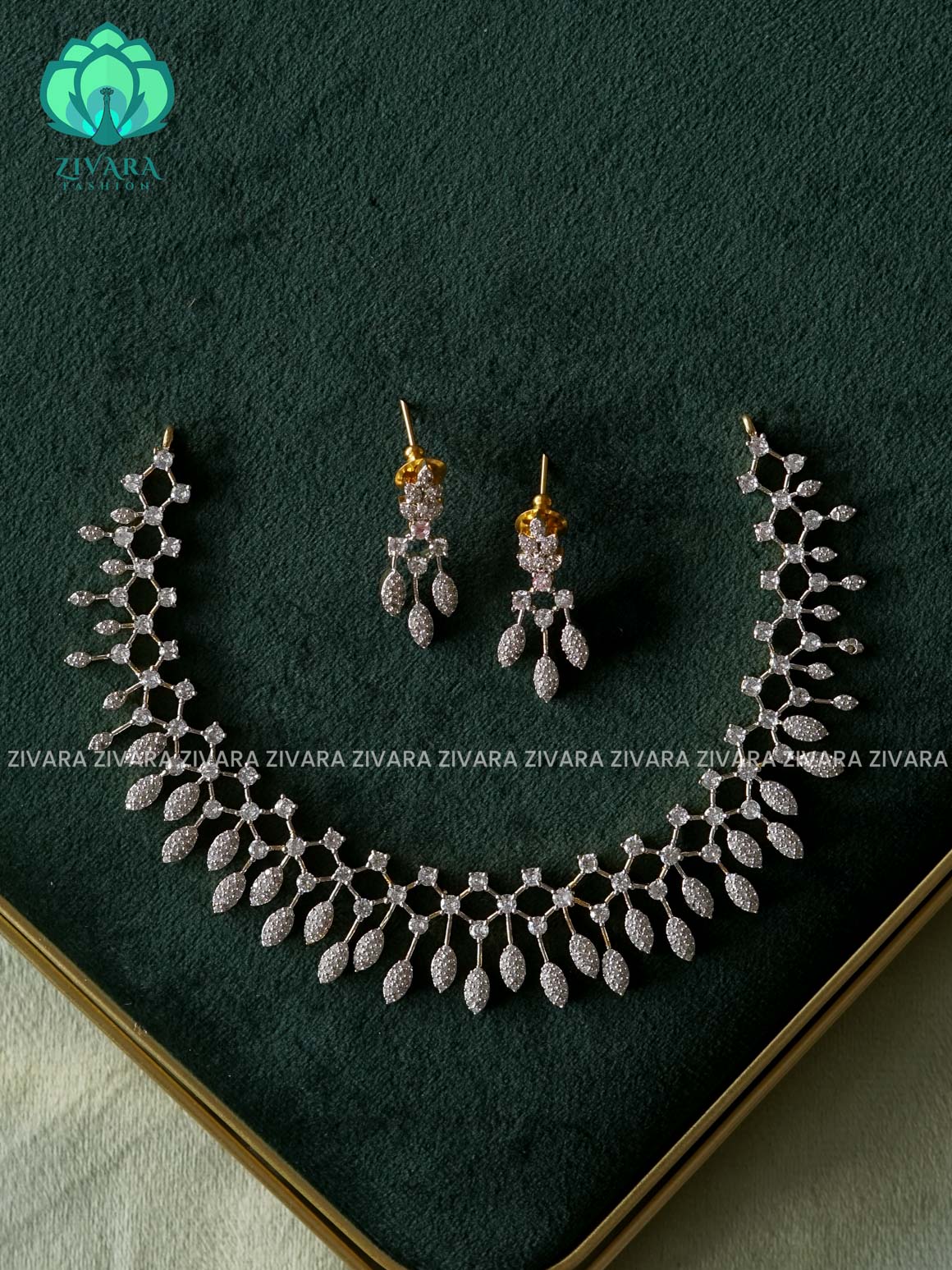 AD WHITE STONE LEAF elegant neckwear with earrings - latest jewellery designs- Zivara Fashion