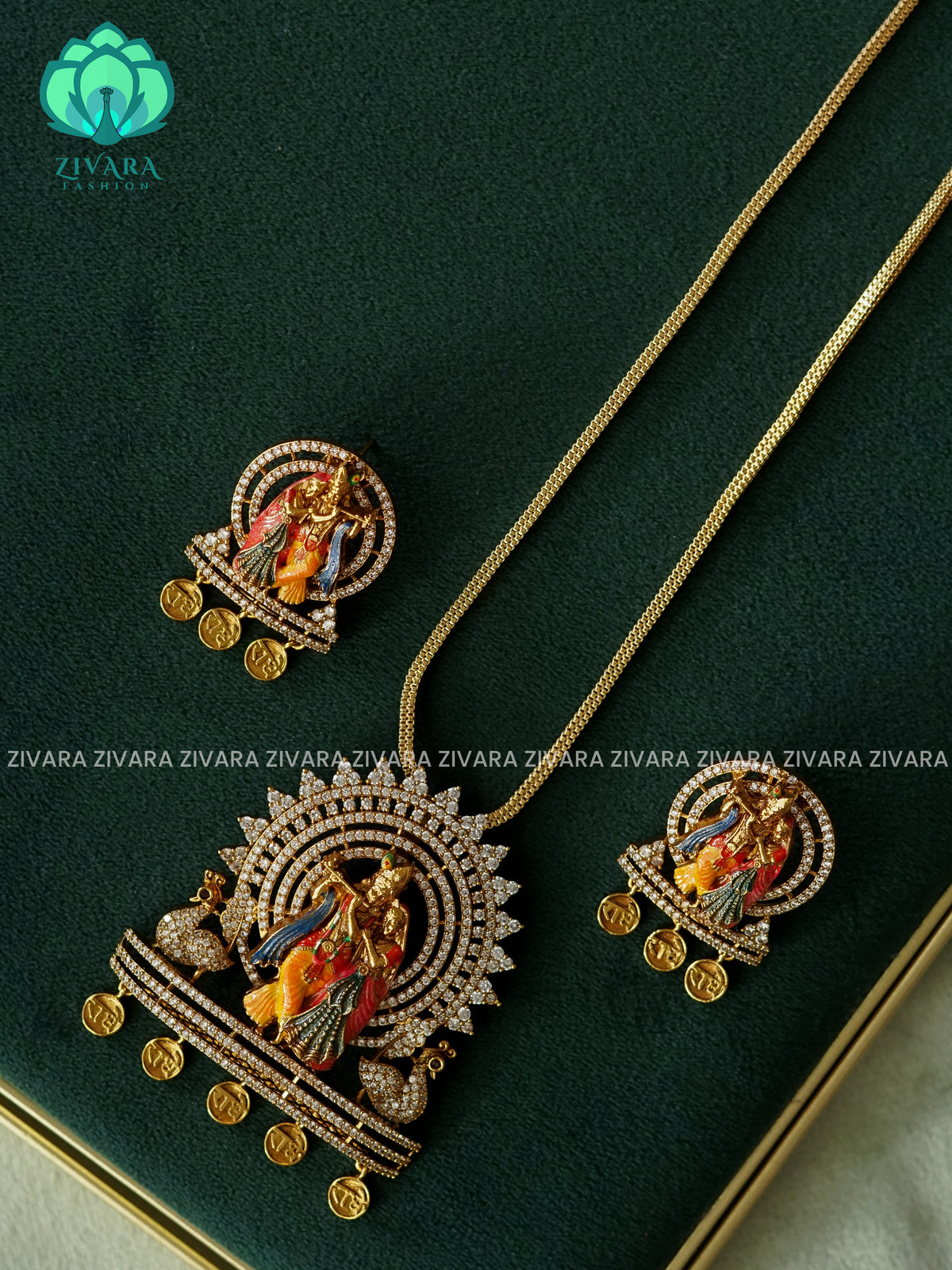 MADHURYA-HAND PAINTED-VINTAGE TEMPLE PENDANT WITH CHAIN - Traditional NORMAL MATTE polish MIDCHEST neckwear without earrings- Zivara Fashion