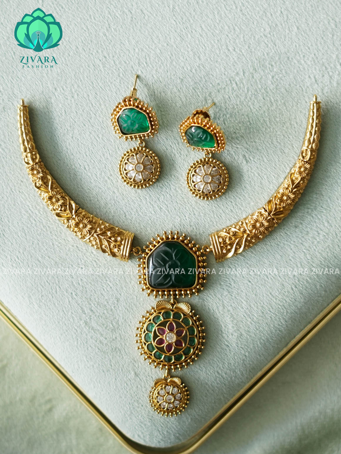 AKSHAYAM- GREEN STONE MOTIF FREE HASLI -Traditional south indian premium neckwear with earrings- Zivara Fashion- latest jewellery design.