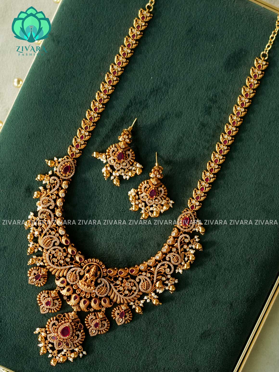 LAKSHMI BRIDAL  HAARAM - Traditional PREMIUM MATTE polish MIDCHEST haaram/neckwear with earrings- Zivara Fashion